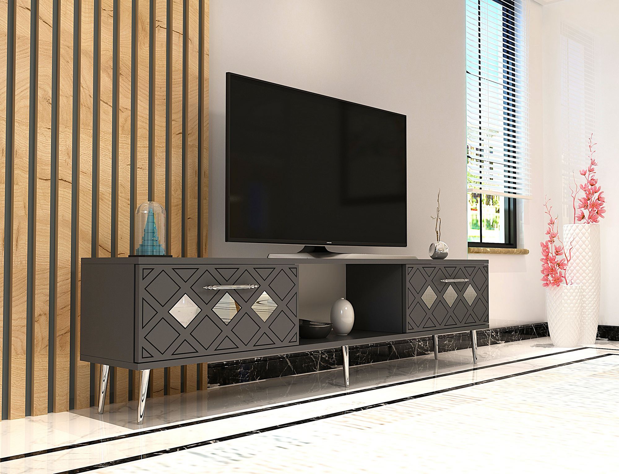 Móvel de TV – 150 cm x 40,6 cm x 29,6 cm – Antracite e Prata – Aglomerado revestido de melamina