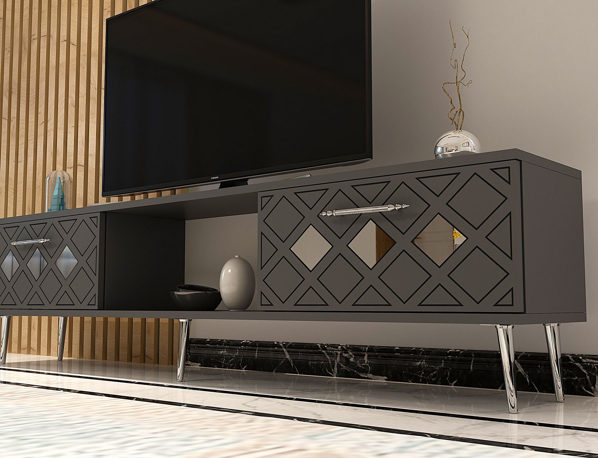 Móvel de TV – 150 cm x 40,6 cm x 29,6 cm – Antracite e Prata – Aglomerado revestido de melamina