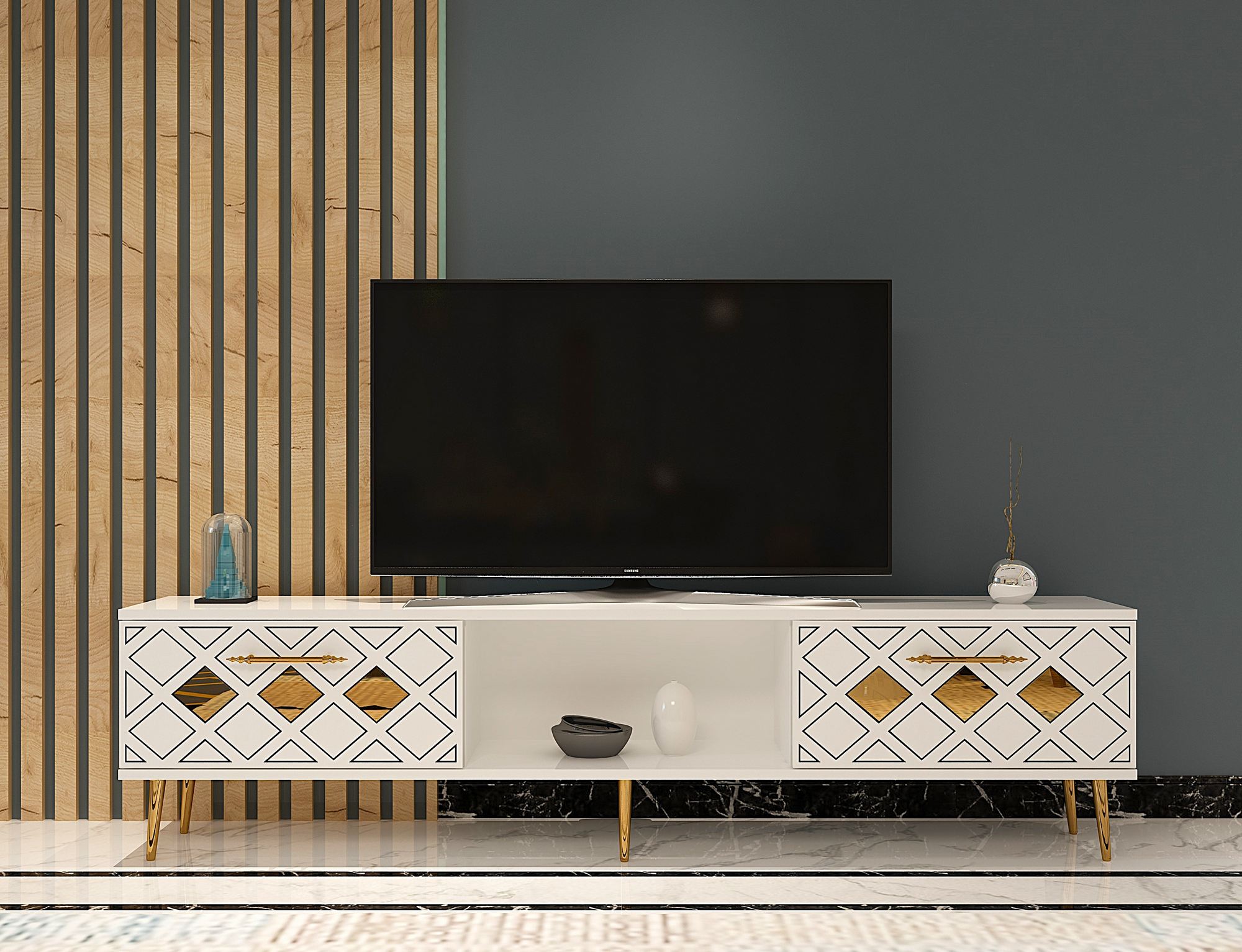 Móvel de TV – 150cm – Branco e Dourado – Aglomerado