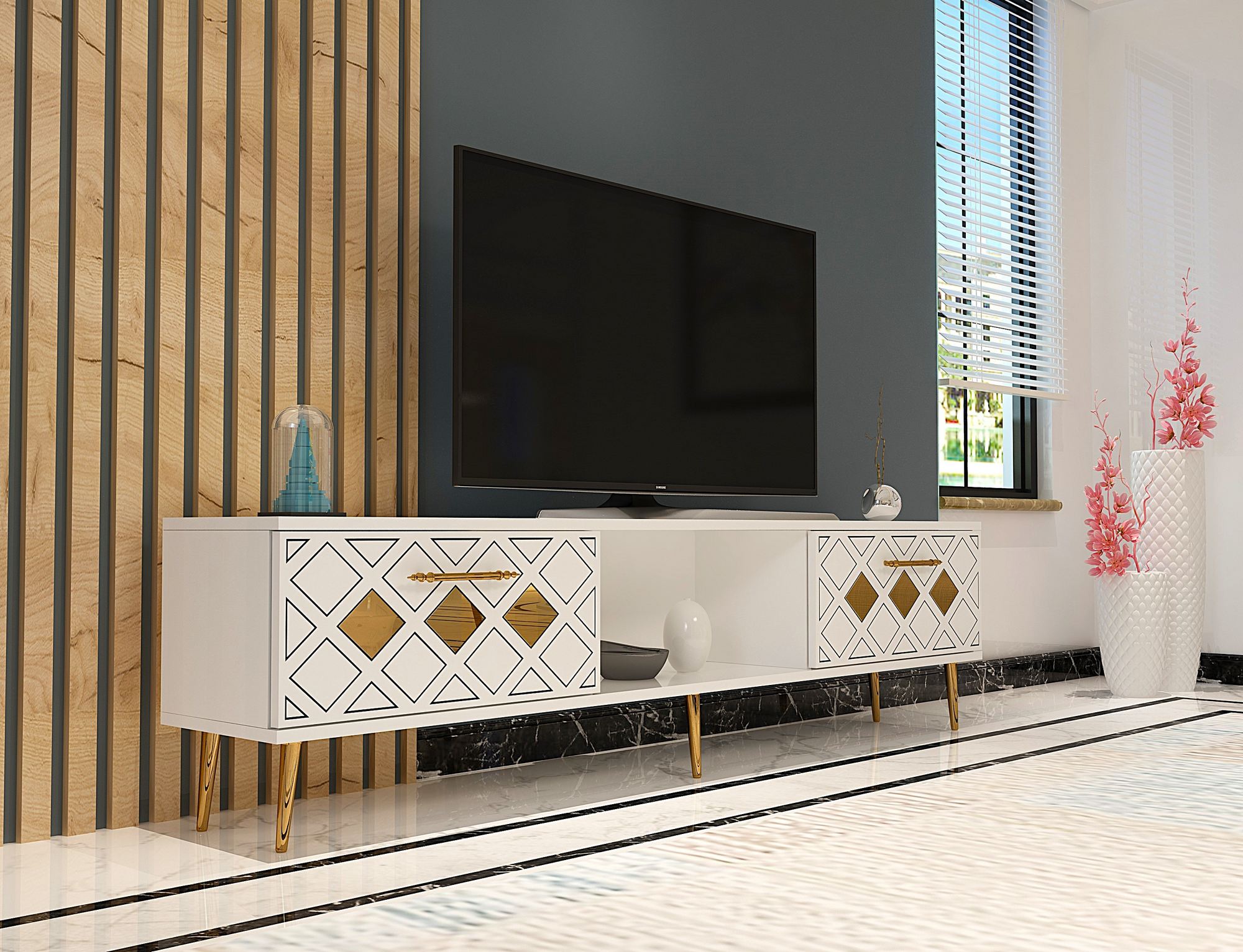 Móvel de TV – 150cm – Branco e Dourado – Aglomerado