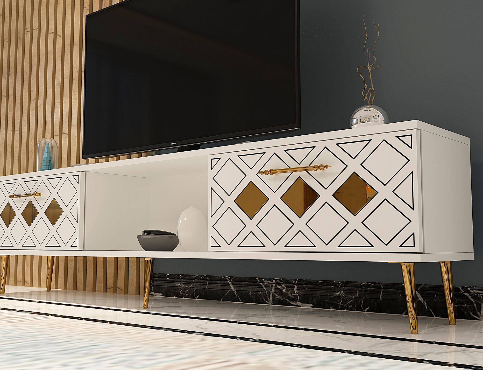 Móvel de TV – 150cm x 40.6cm x 29.6cm – Branco e Prata – Melamina
