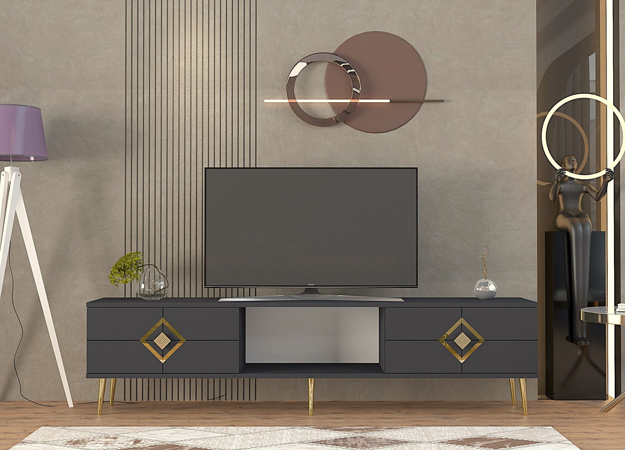 Móvel de TV – 150cm – Antracite e Ouro – MDF