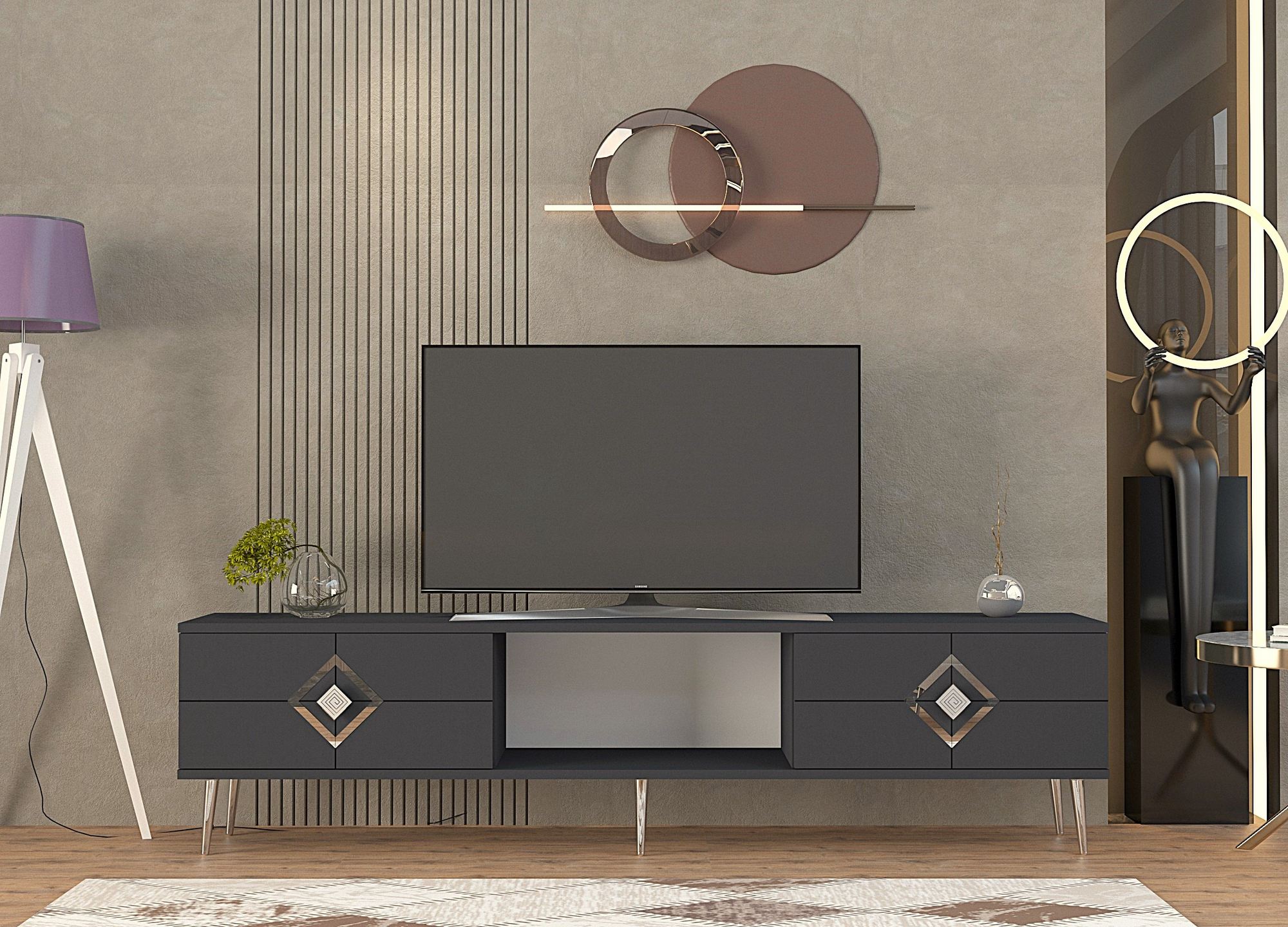 Móvel de TV – 150 cm x 40,6 cm x 29,6 cm – Antracite e Prata – Aglomerado
