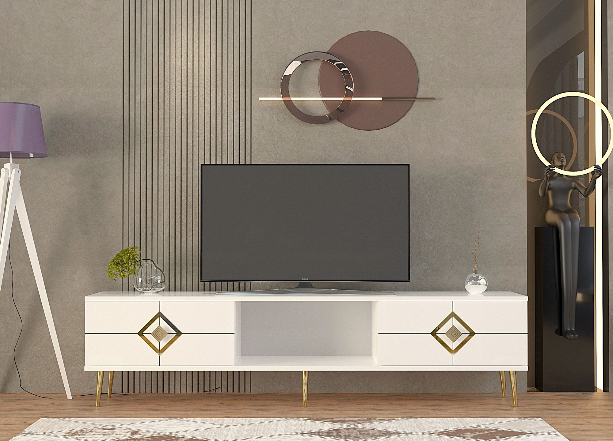 Móvel de TV – 150cm – Branco e Dourado – Aglomerado de melamina