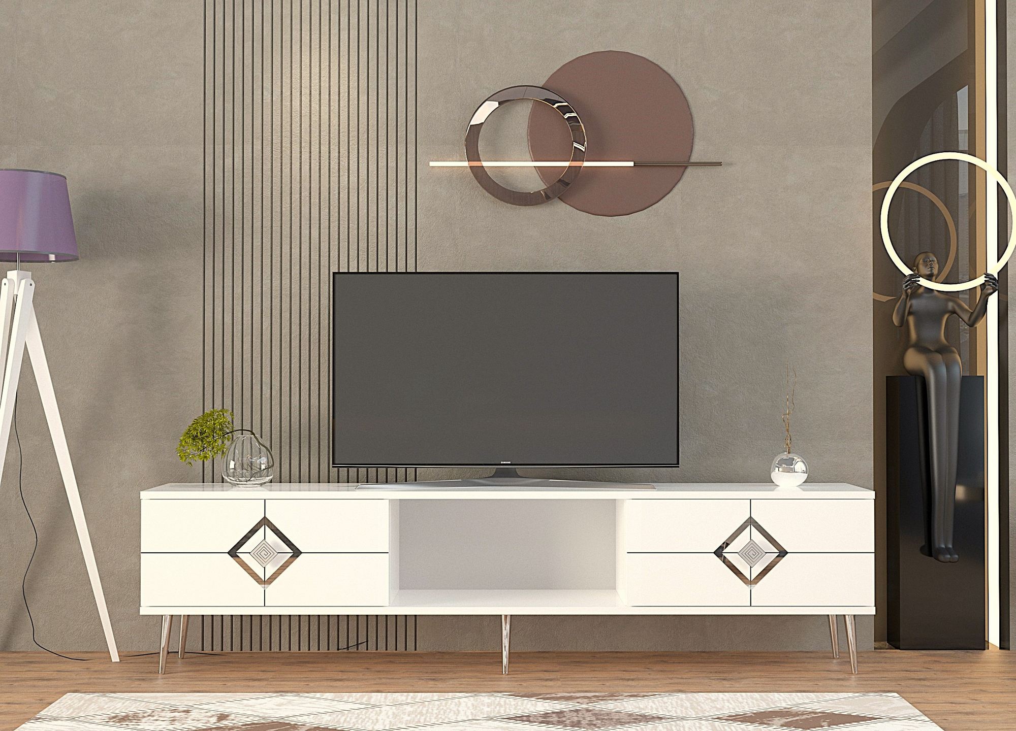 Móvel de TV – 150cm x 40.6cm x 29.6cm – Branco e Prata – Painel de partículas