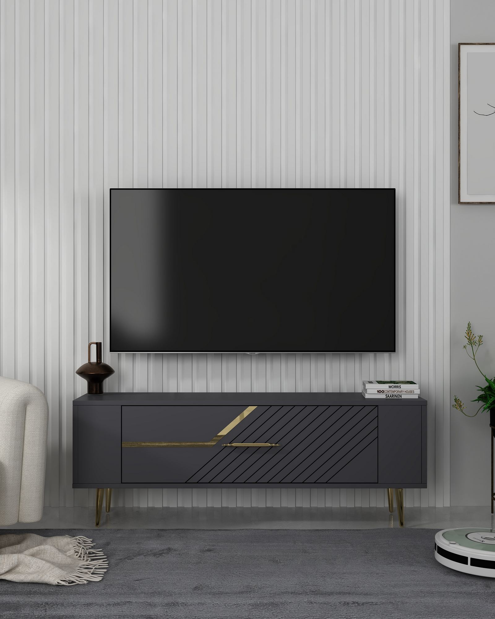 Móvel de TV – 120cm – Antracite e Dourado – MDF