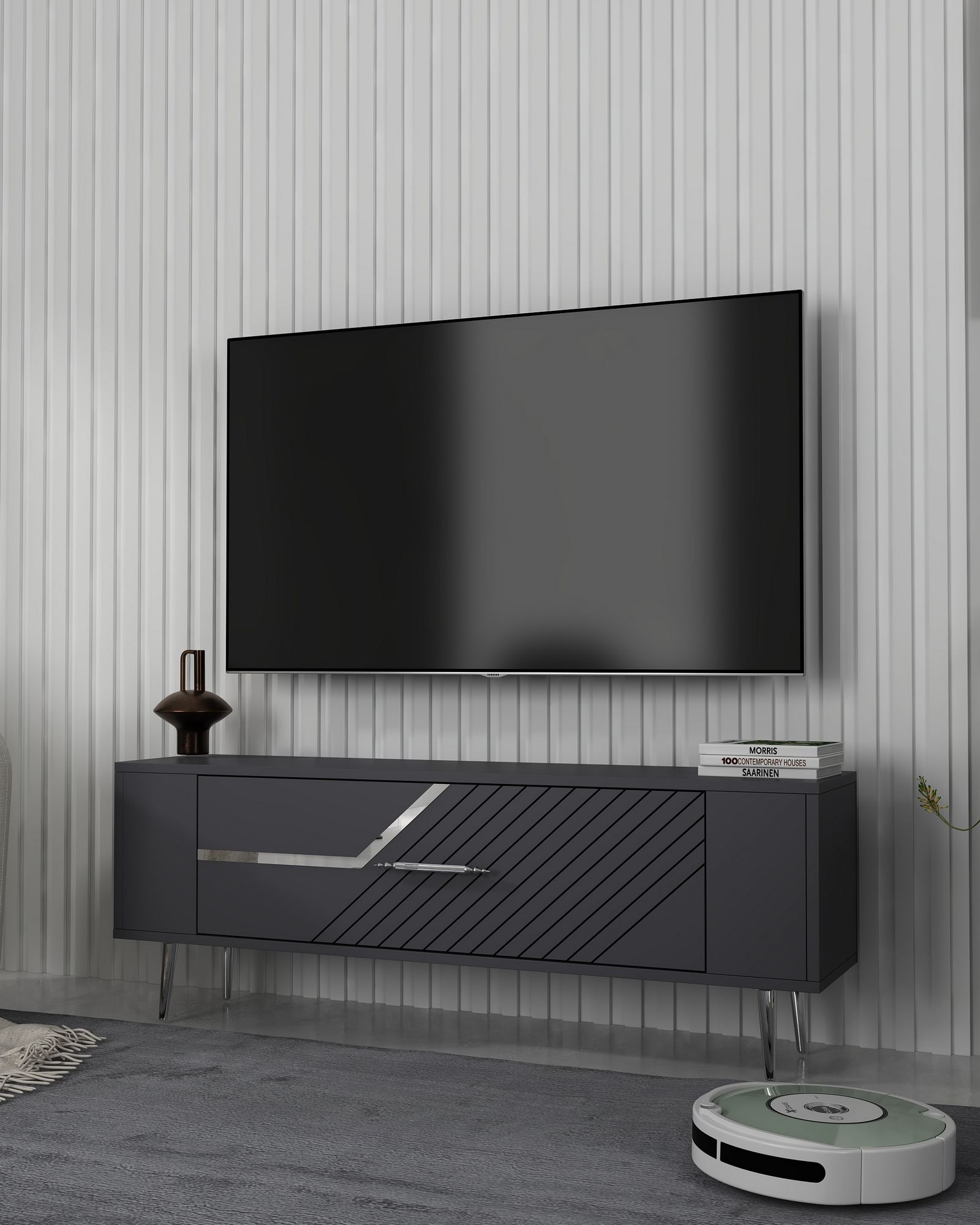 Móvel de TV – 120cm – Antracite e Prata – MDF com melamina