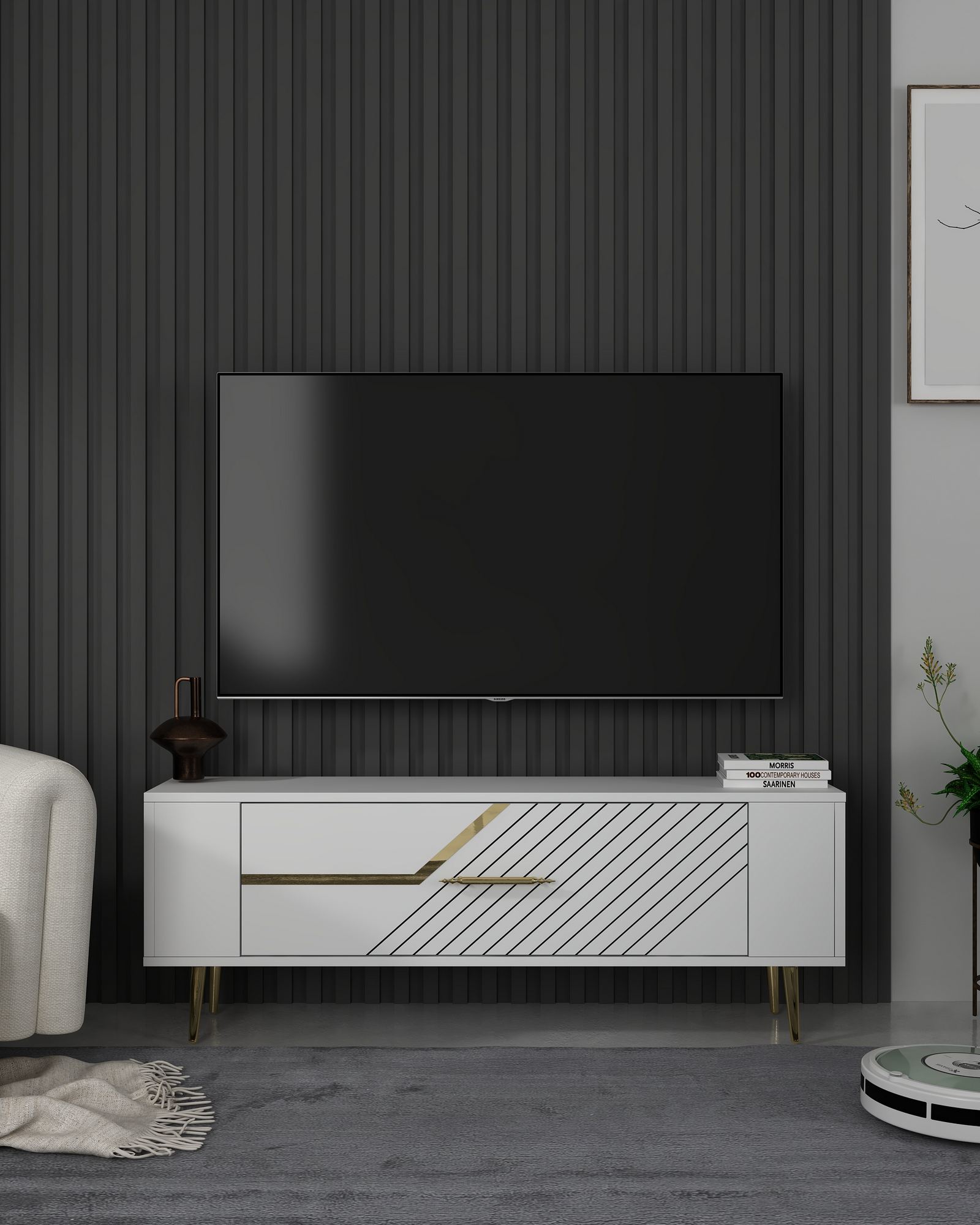 Móvel de TV – 120 cm x 48,2 cm x 26,4 cm – Branco e Dourado – MDF