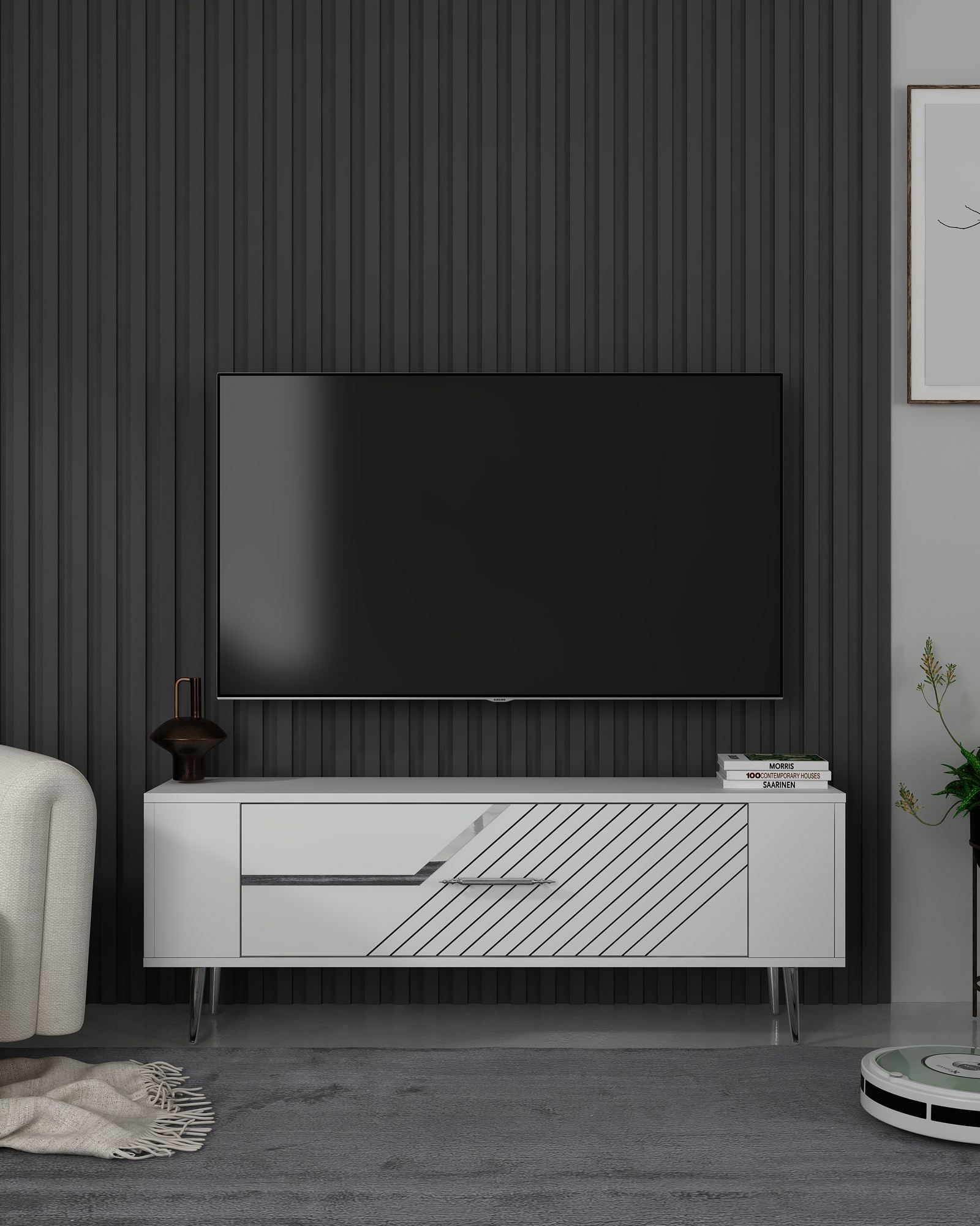 Móvel de TV – 120 cm x 48,2 cm x 26,4 cm – Branco e Prata – Painel de partículas