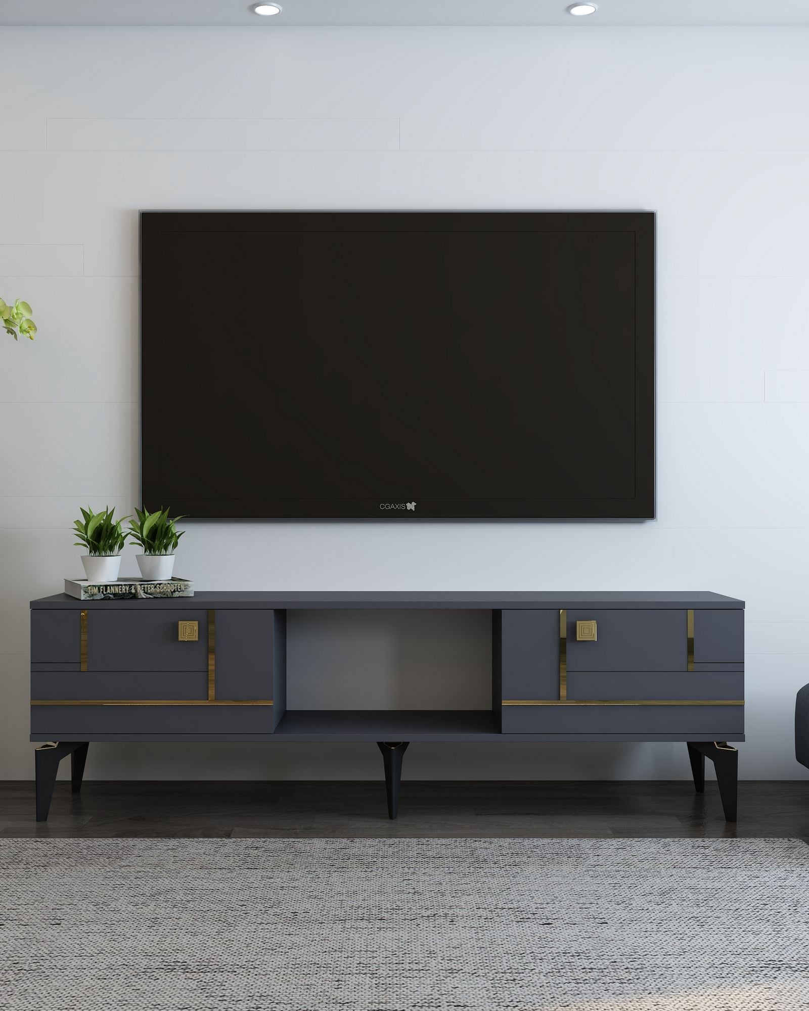 Móvel de TV – 150cm x 44.6cm x 29.6cm – Antracite e Dourado – MDF