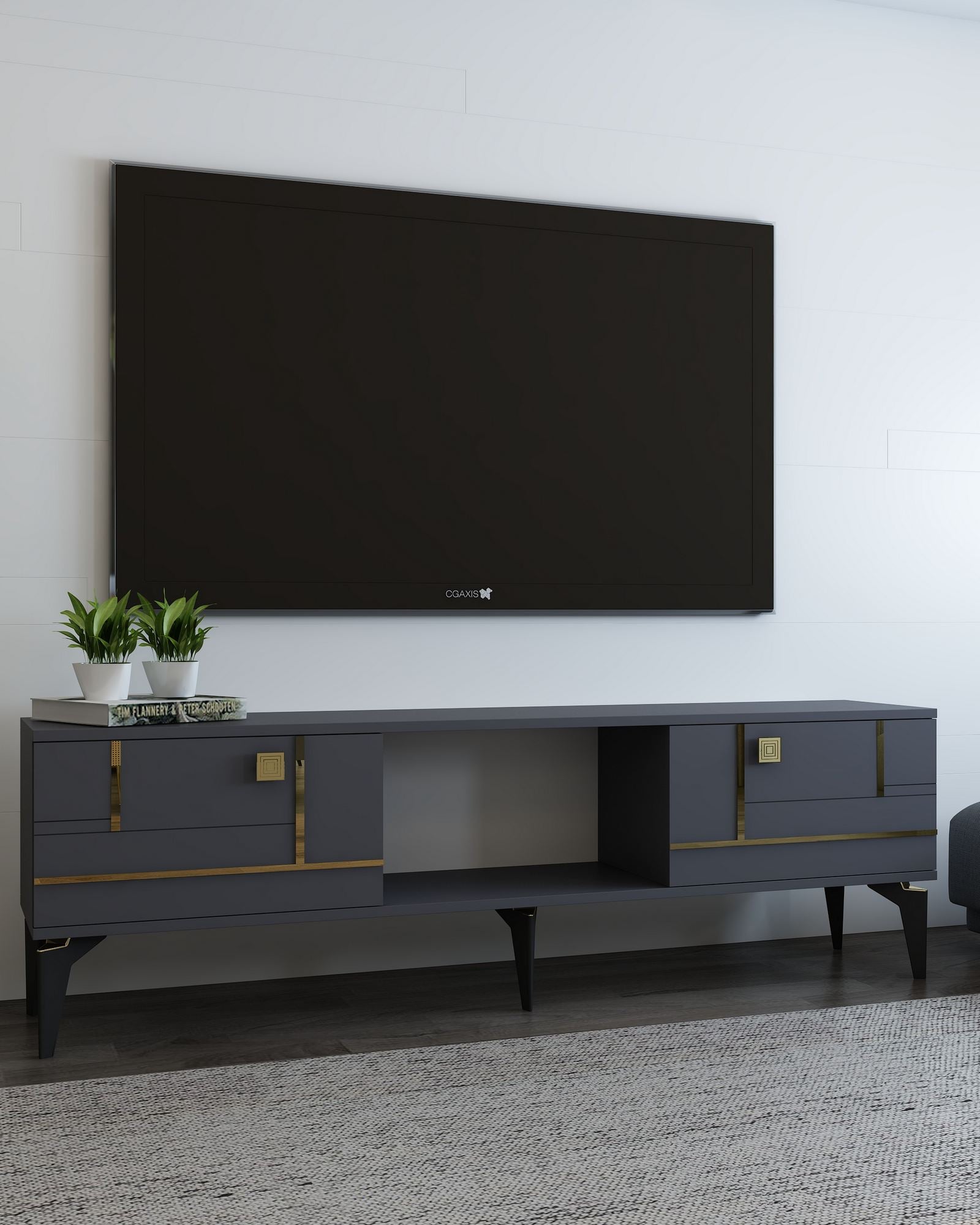 Móvel de TV – 150cm x 44.6cm x 29.6cm – Antracite e Dourado – MDF