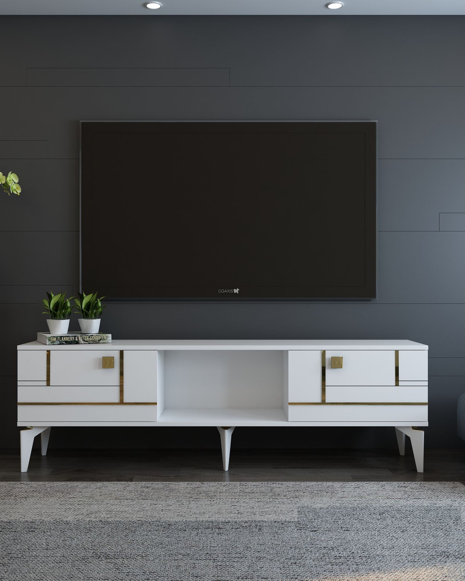 Móvel de TV – 150cm – Branco e Dourado – MDF