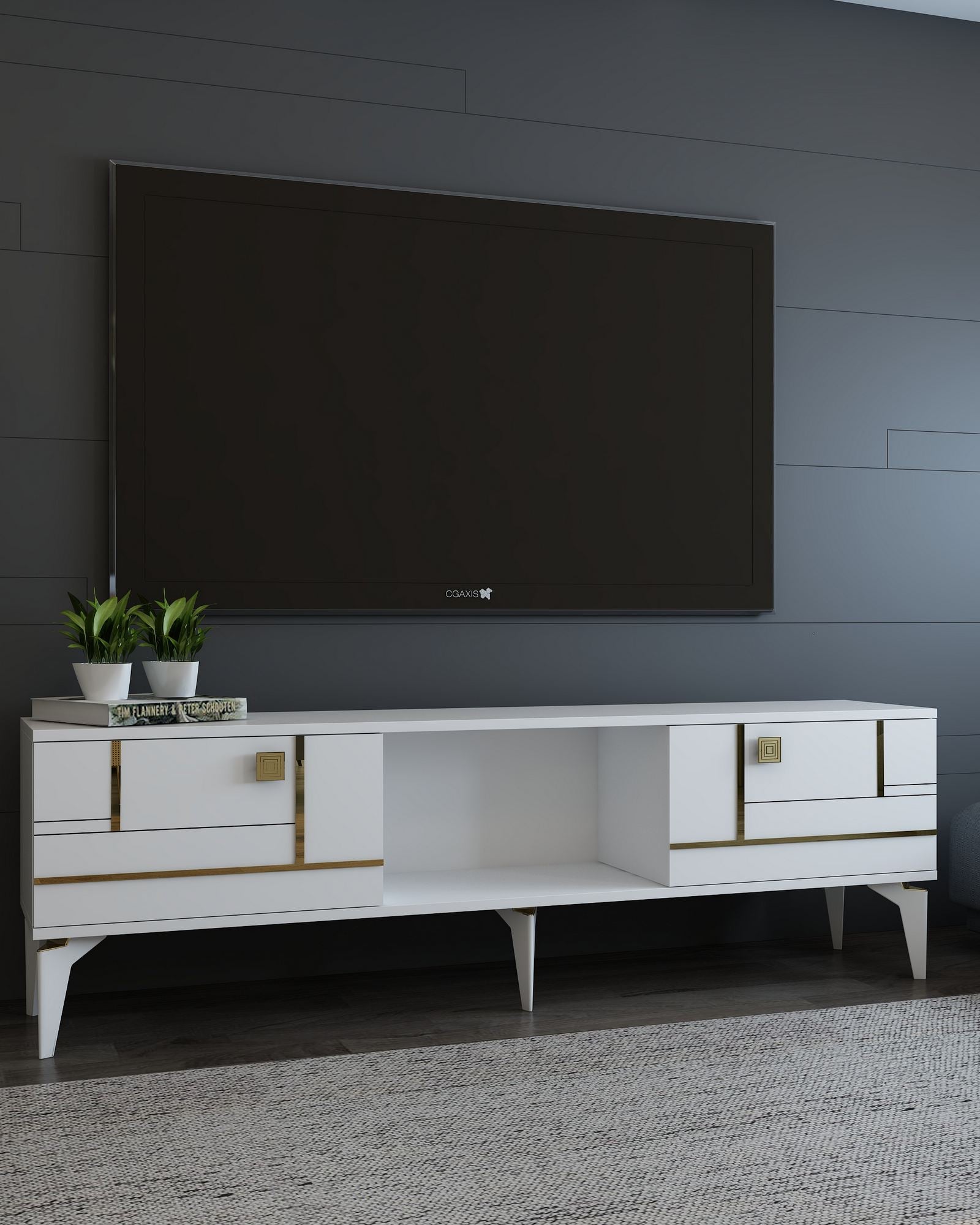 Móvel de TV – 150cm – Branco e Dourado – MDF