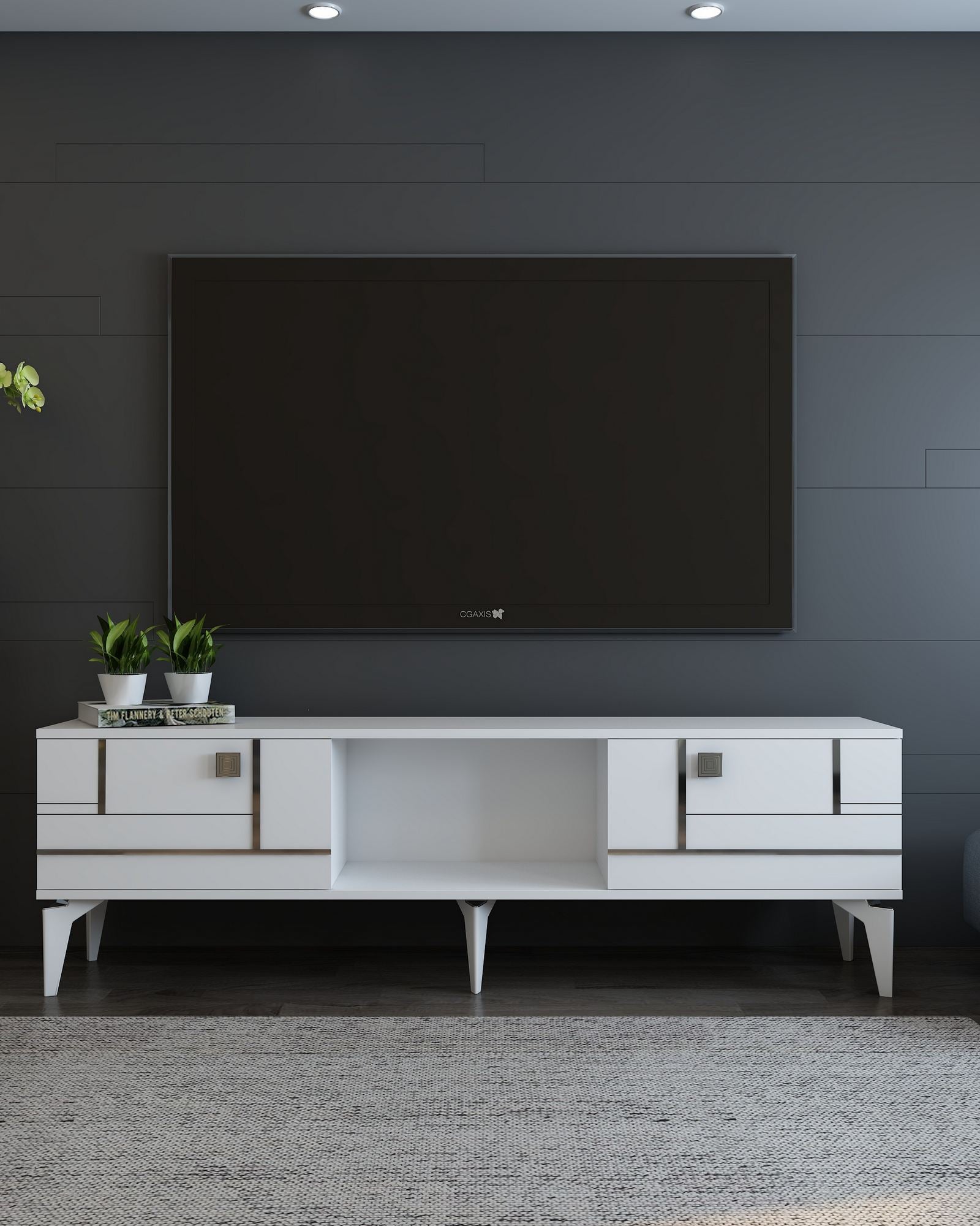 Móvel de TV – 150 cm x 44,6 cm x 29,6 cm – Branco e Prata – Aglomerado