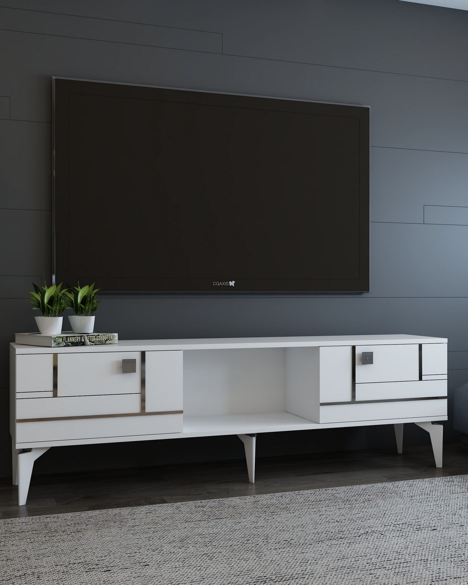 Móvel de TV – 150 cm x 44,6 cm x 29,6 cm – Branco e Prata – Aglomerado