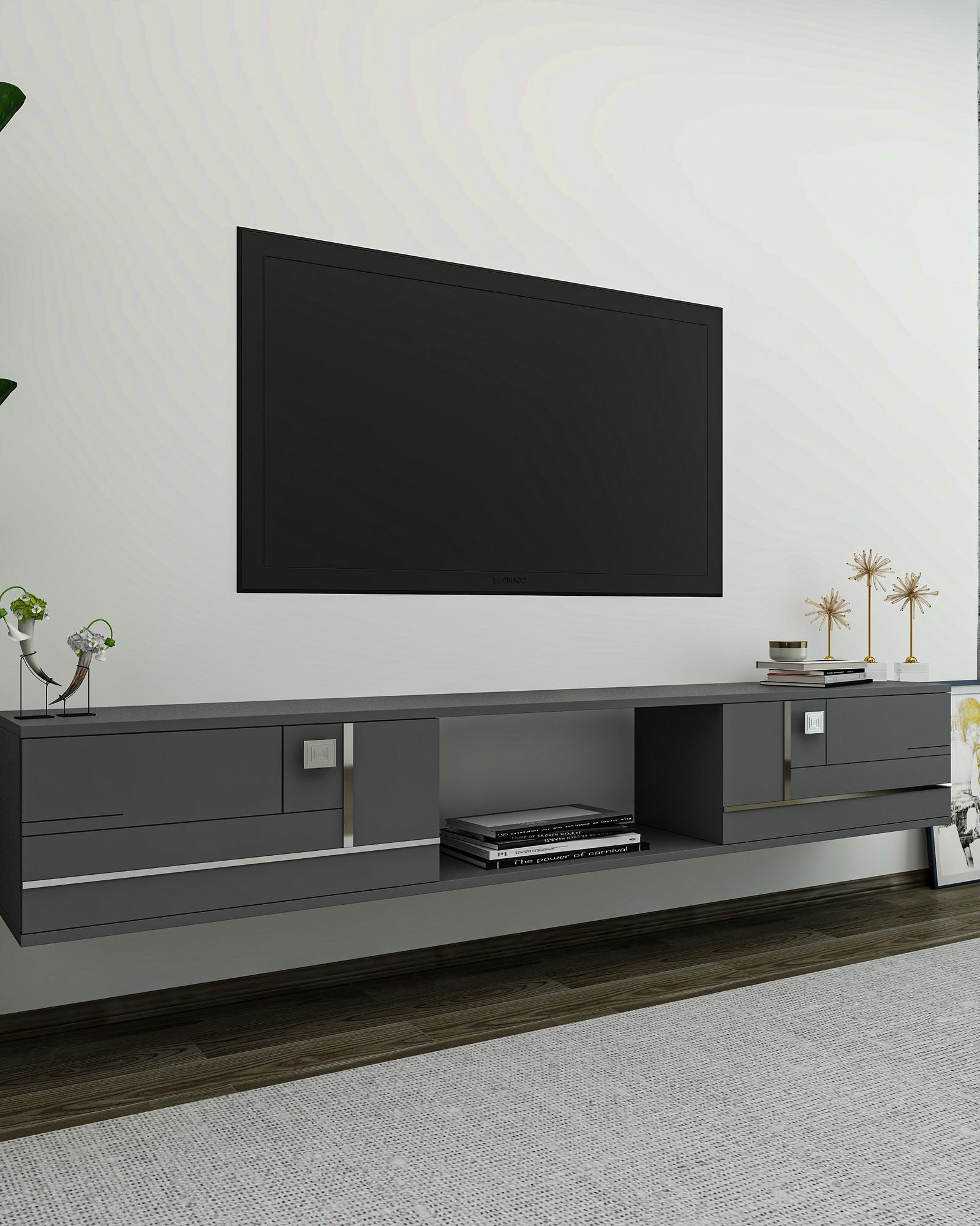 Móvel de TV – 150 cm – Antracite e Prata – MDF Revestido de Melamina
