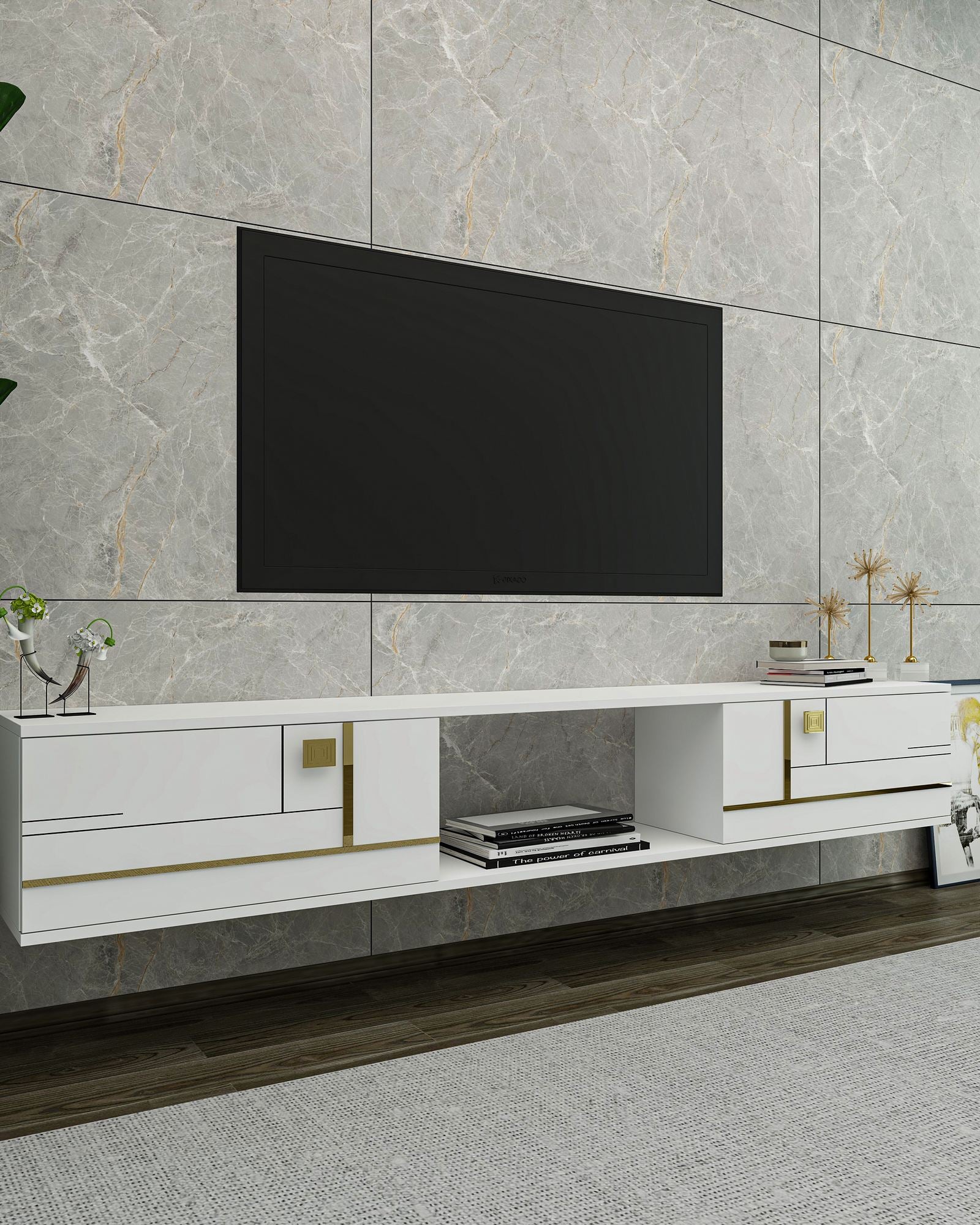 Móvel de TV – 150cm x 25.6cm x 29.6cm – Branco e Dourado – MDF