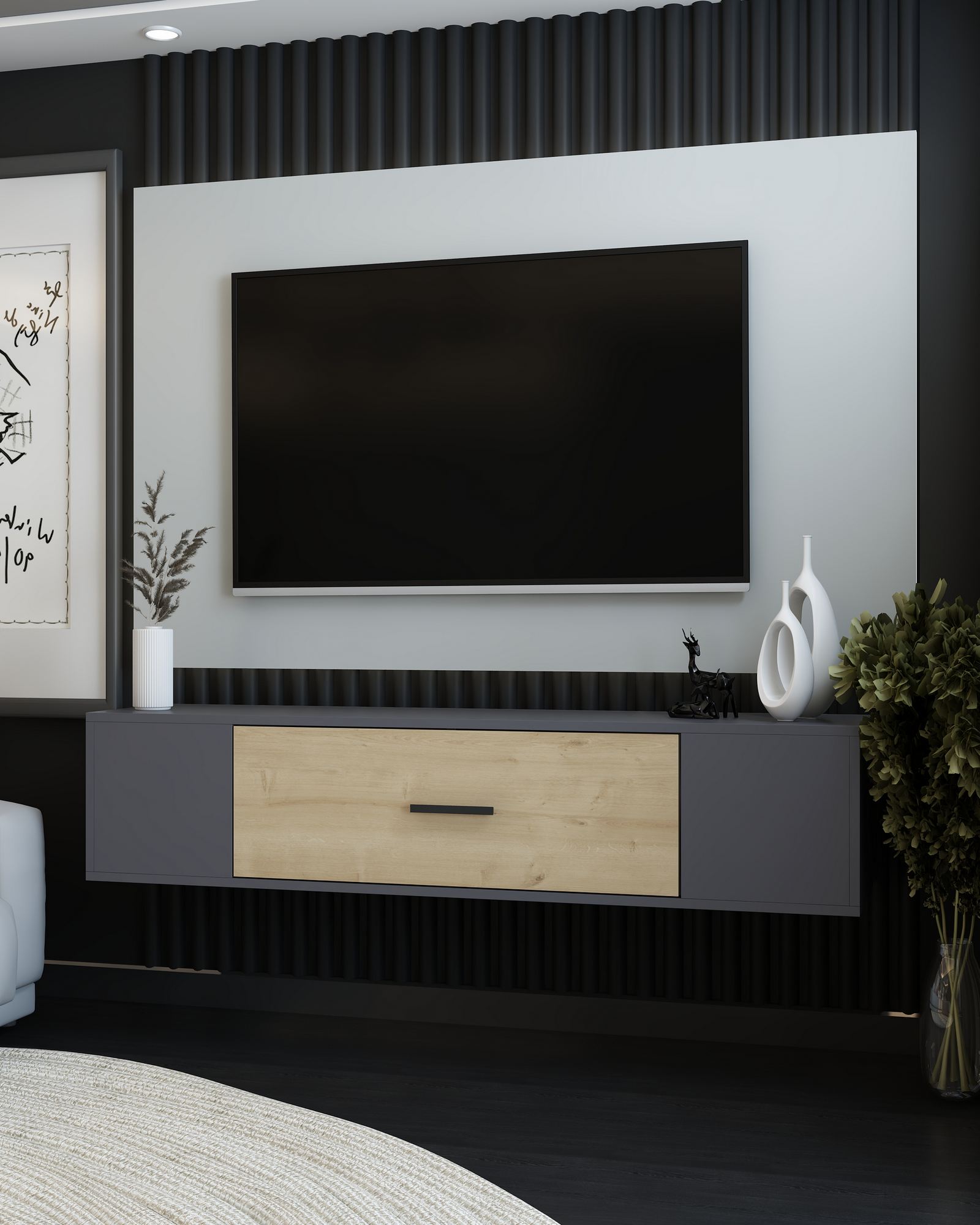 Móvel de TV – 150cm x 33.2cm x 29.6cm – Antracite e Carvalho Safira – Aglomerado