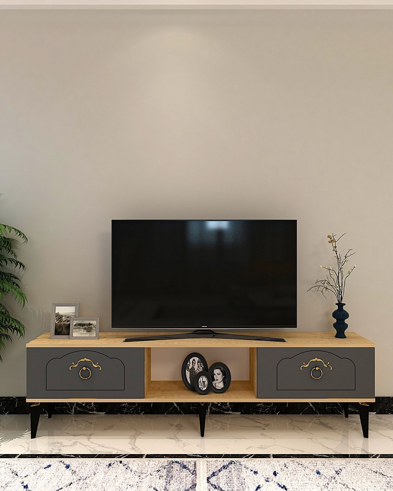 Móvel de TV – 150 cm x 44,6 cm x 29,6 cm – Carvalho Safira e Antracite – Painel de partículas