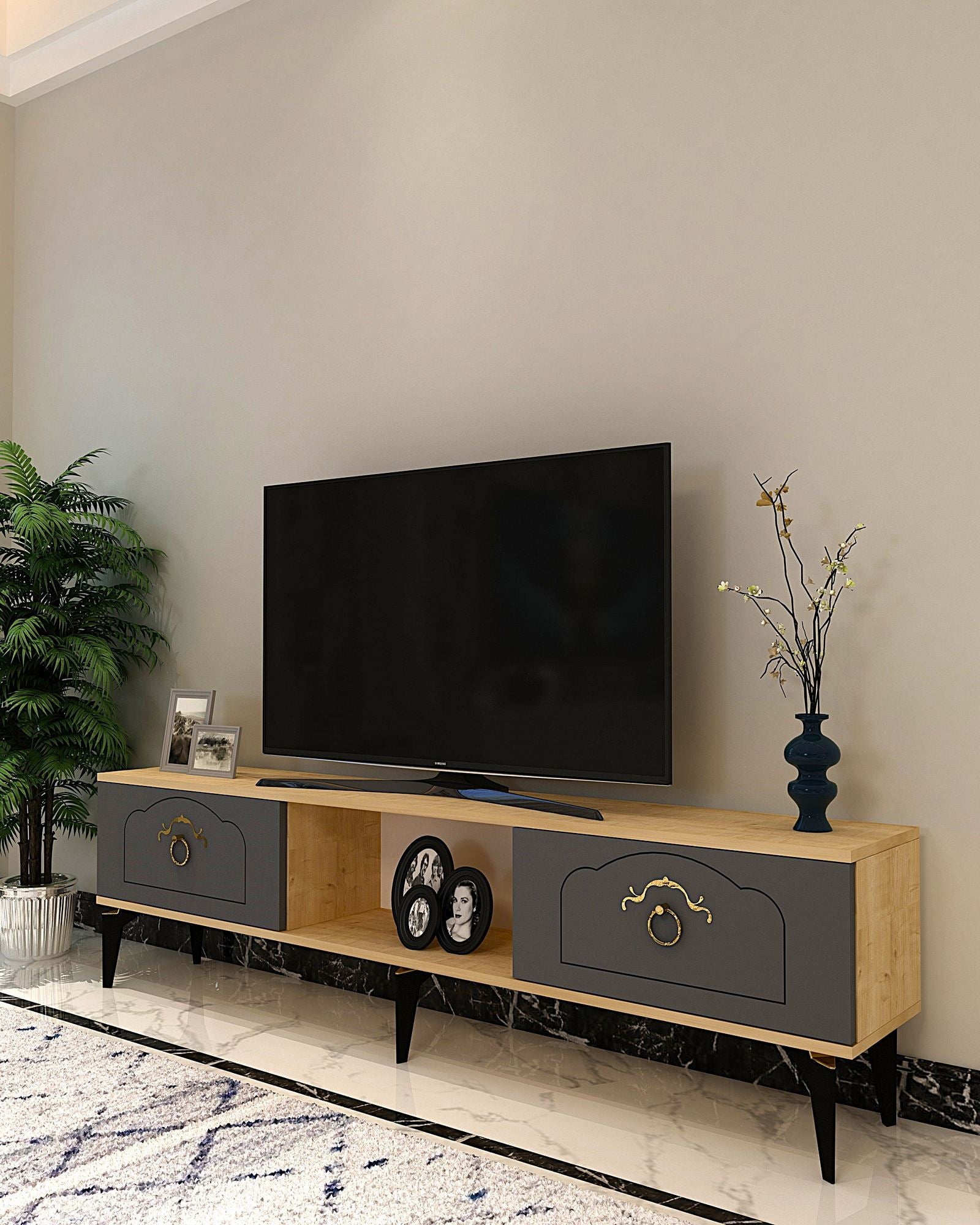 Móvel de TV – 150 cm x 44,6 cm x 29,6 cm – Carvalho Safira e Antracite – Painel de partículas