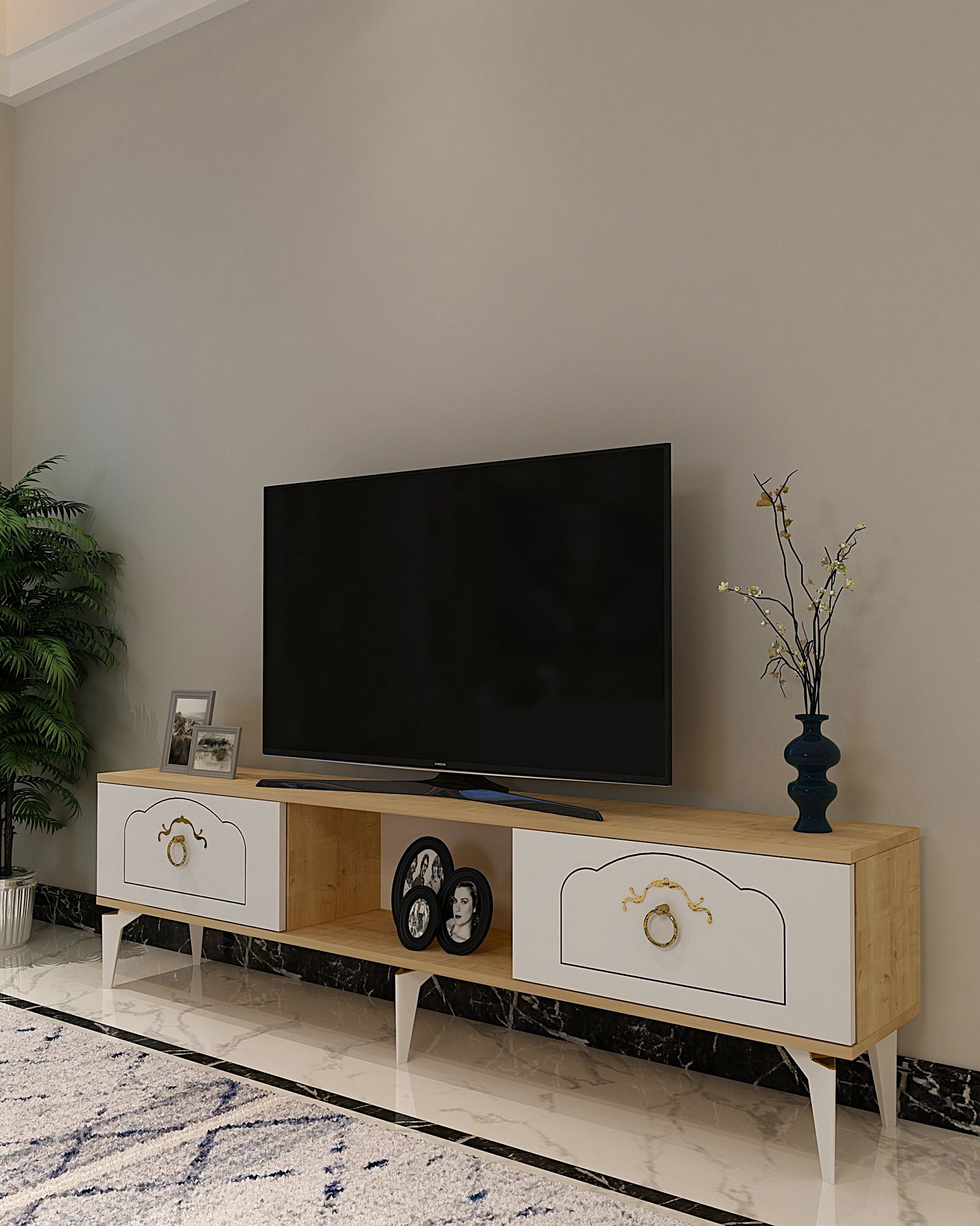 Móvel de TV – 150 cm – Carvalho Safira e Branco – MDF