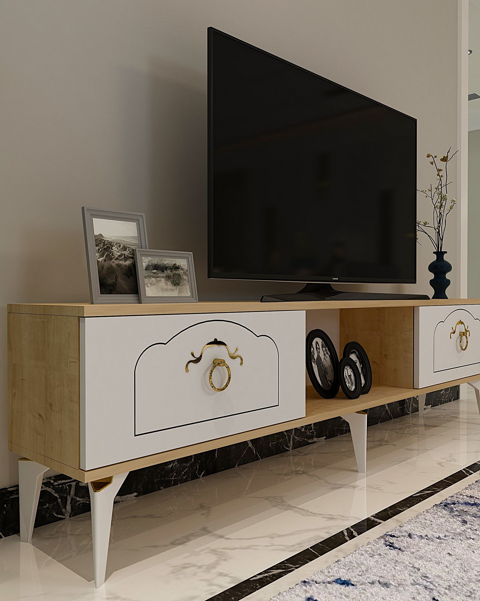 Móvel de TV – 150 cm – Carvalho Safira e Branco – MDF