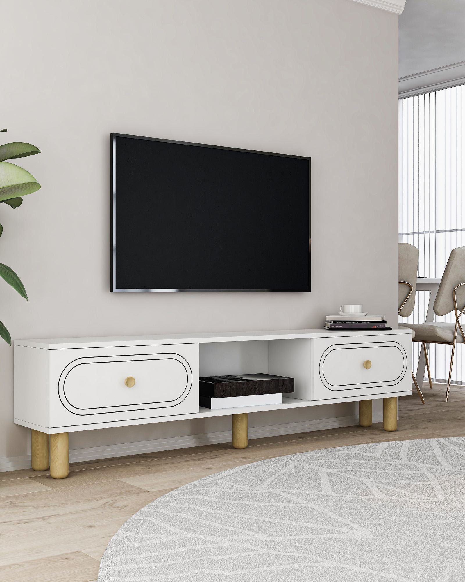 Móvel de TV – 150 cm x 40,6 cm – Branco – Aglomerado revestido de melamina