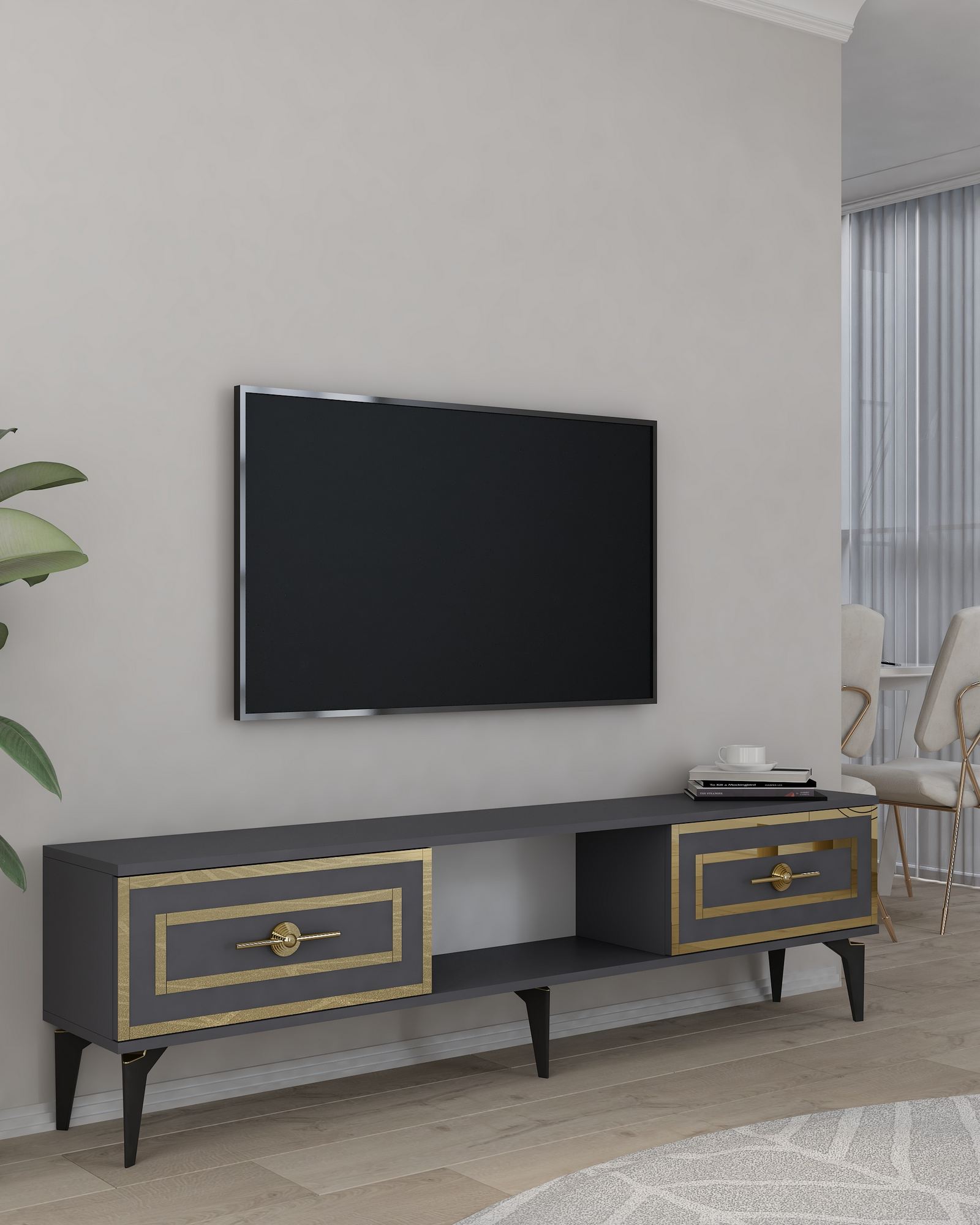 Móvel de TV – 150 cm – Antracite e Ouro – MDF
