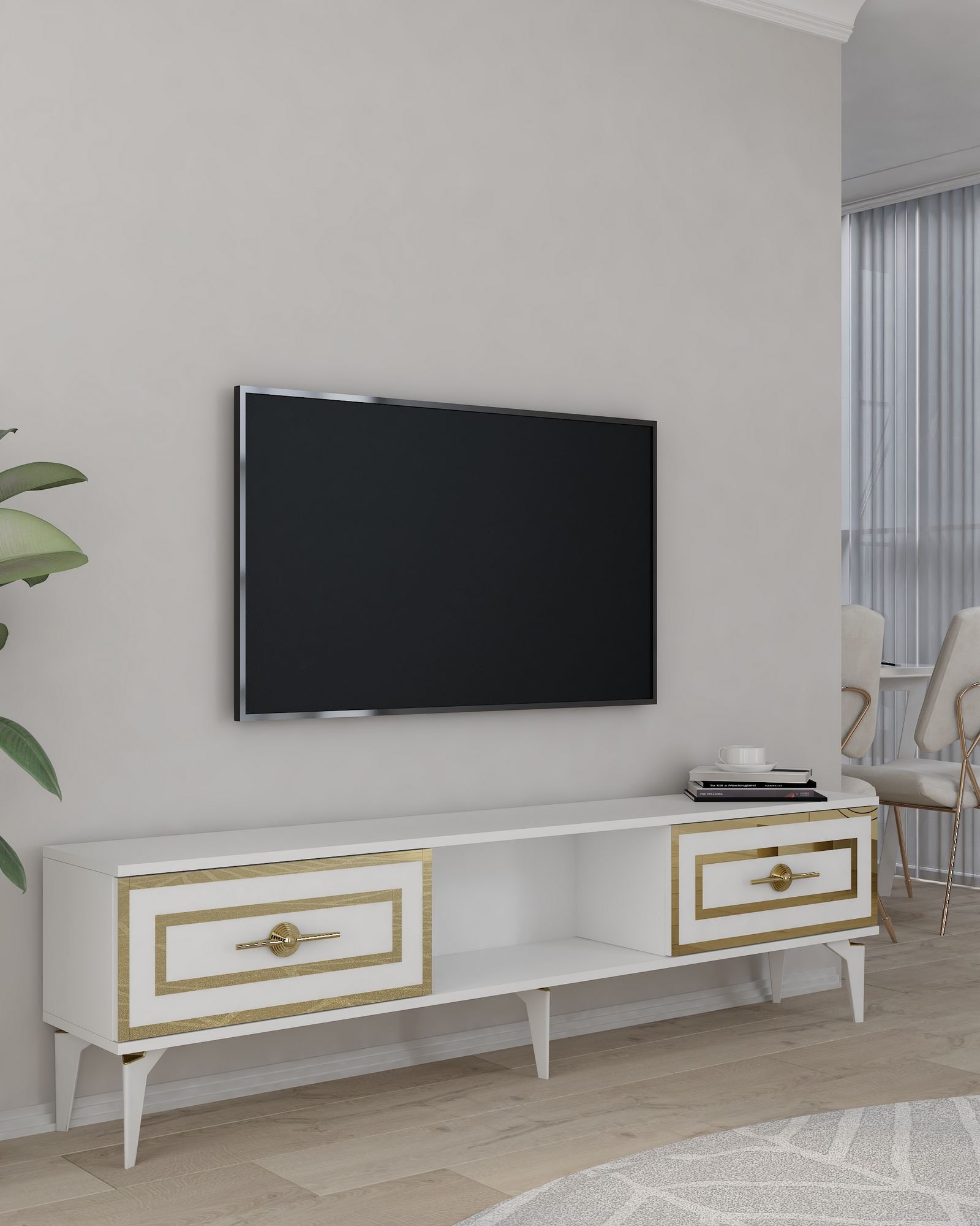 Móvel de TV – 150cm x 44.6cm x 29.6cm – Branco e Dourado – Painel de Partículas