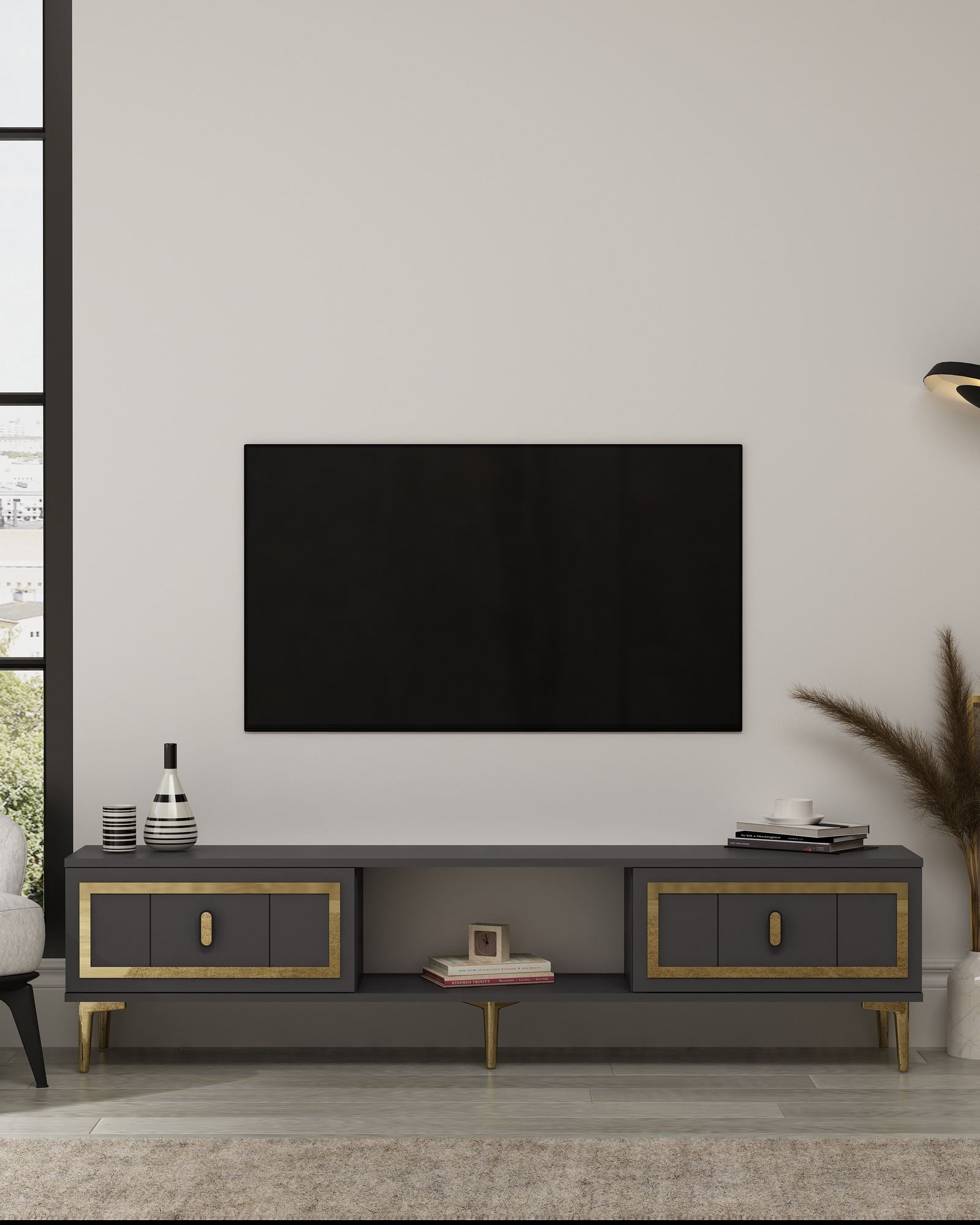 Móvel de TV – 150 cm – Antracite e Ouro – MDF