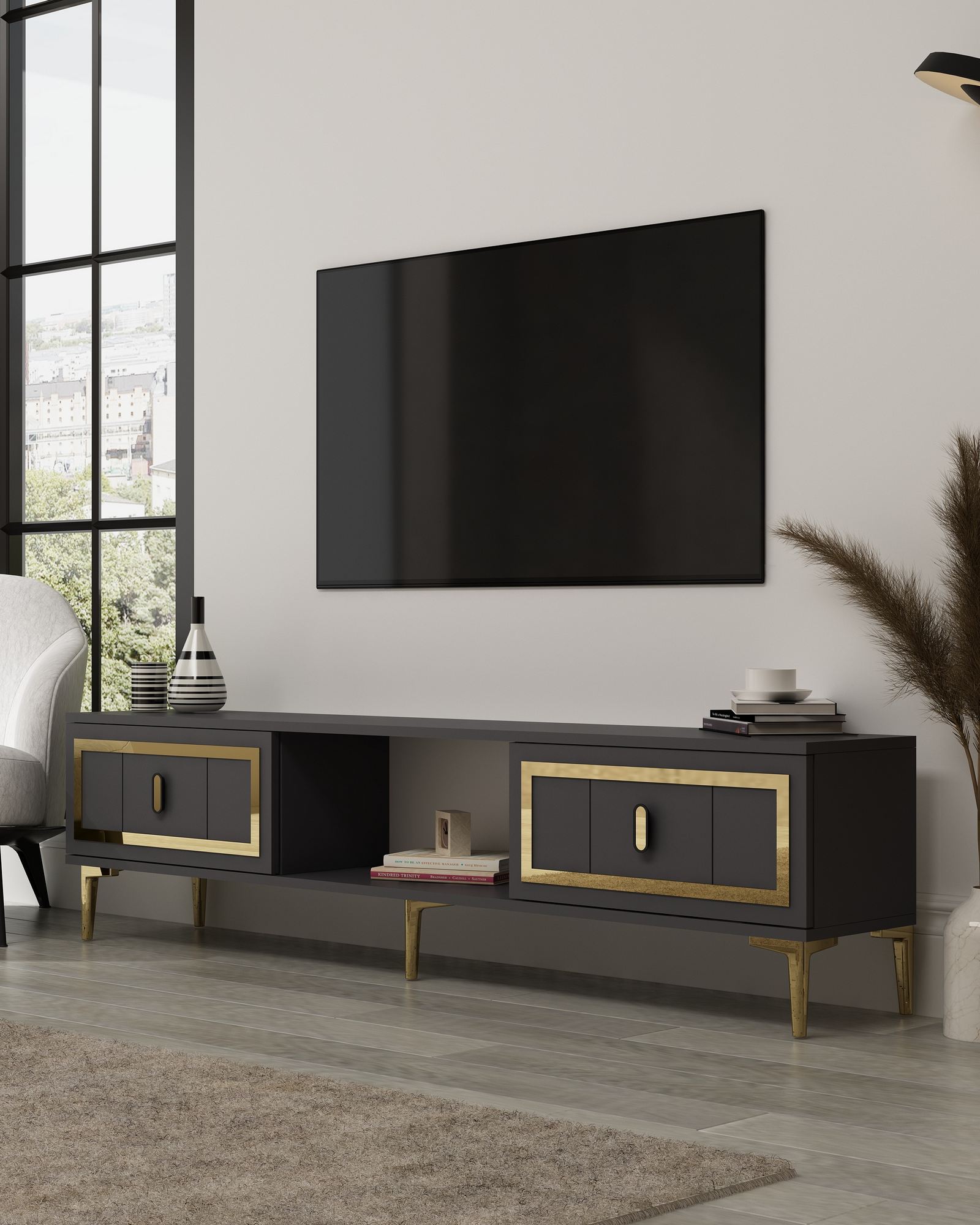 Móvel de TV – 150 cm – Antracite e Ouro – MDF