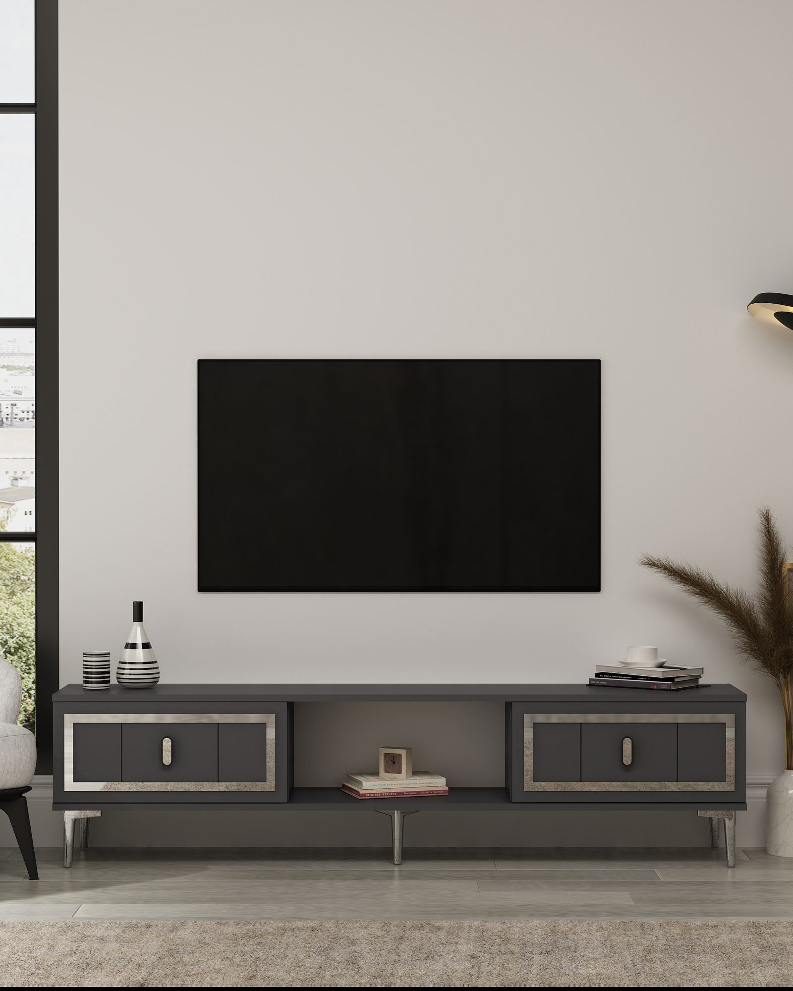 Móvel de TV – 150cm x 44,6cm x 29,6cm – Antracite e Prata – Aglomerado