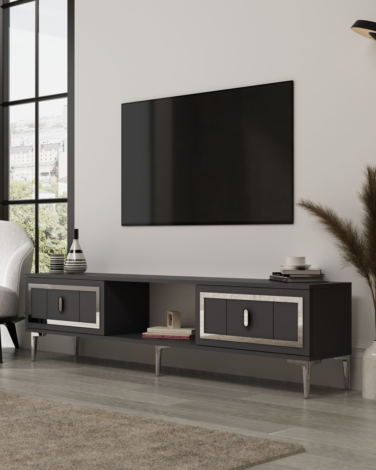 Móvel de TV – 150cm x 44,6cm x 29,6cm – Antracite e Prata – Aglomerado