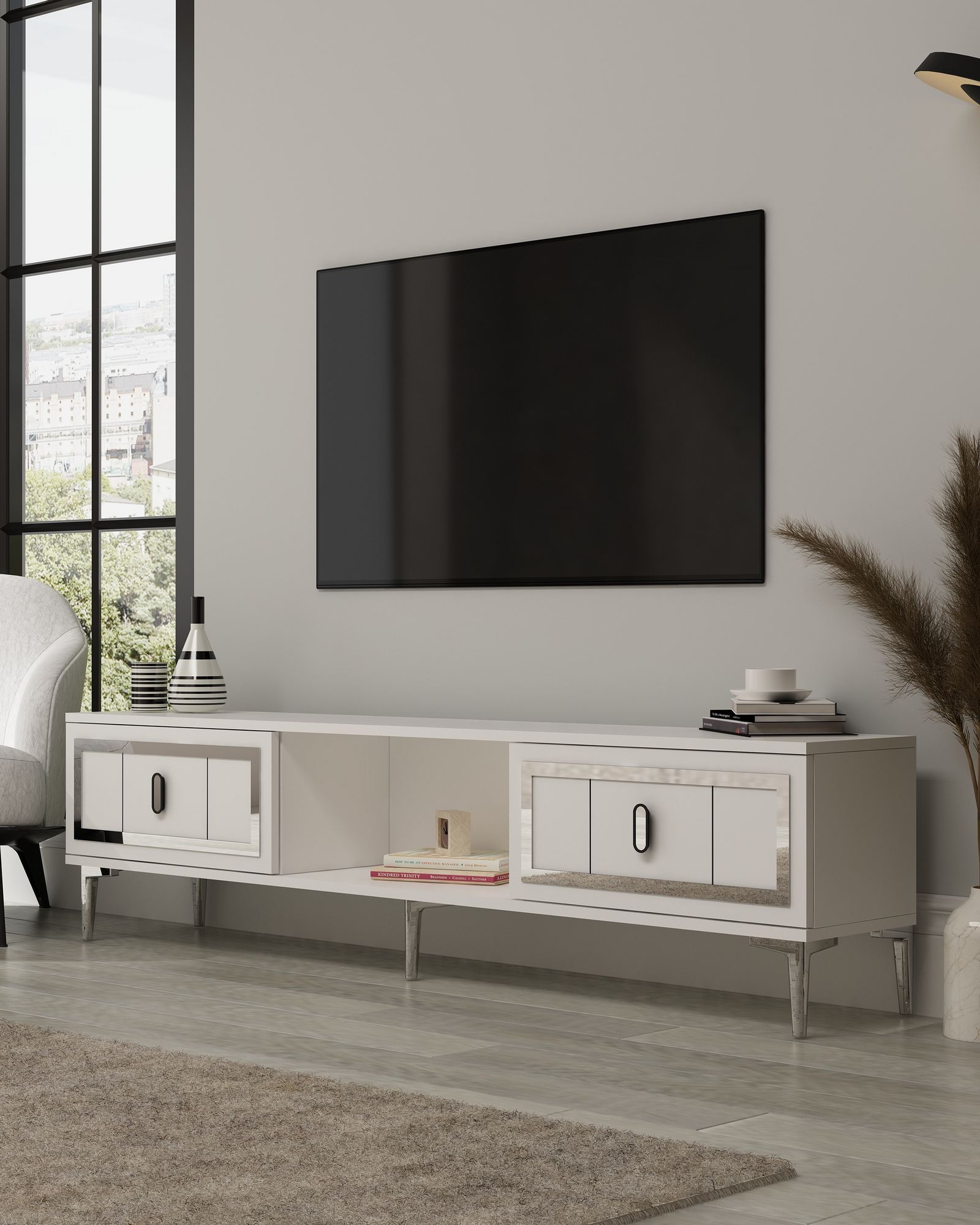 Móvel de TV – 150cm x 44,6cm x 29,6cm – Branco e Prata – Aglomerado revestido de melamina