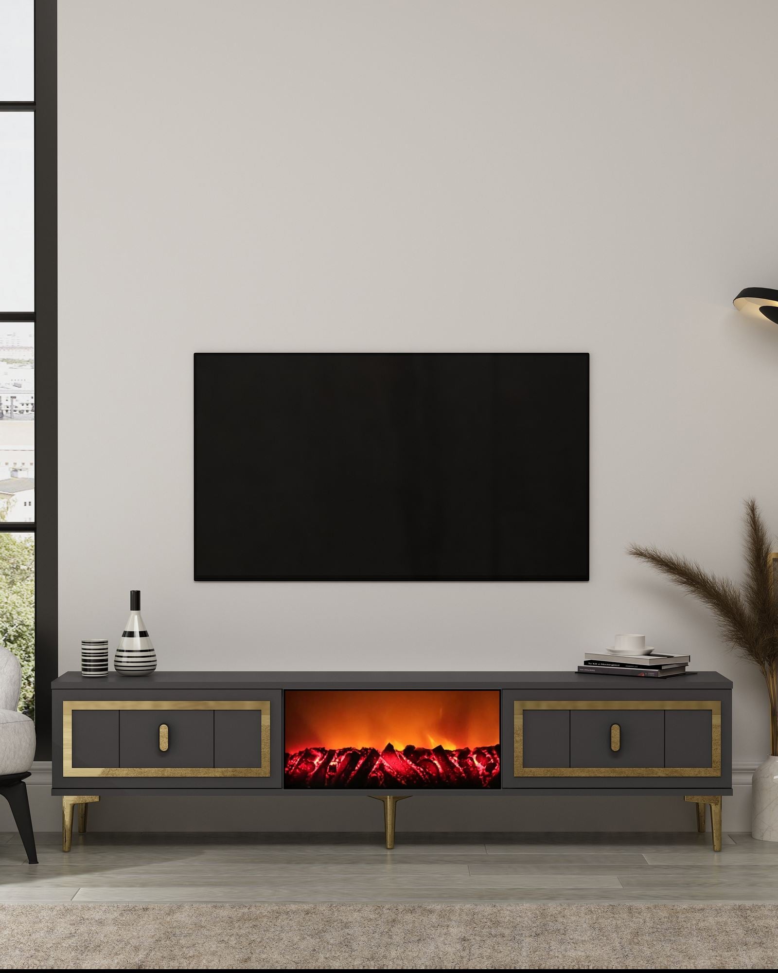 Móvel de TV com Lareira Elétrica – 150cm – Antracite e Ouro – MDF