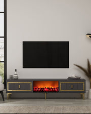 Móvel de TV com Lareira Elétrica – 150cm – Antracite e Ouro – MDF