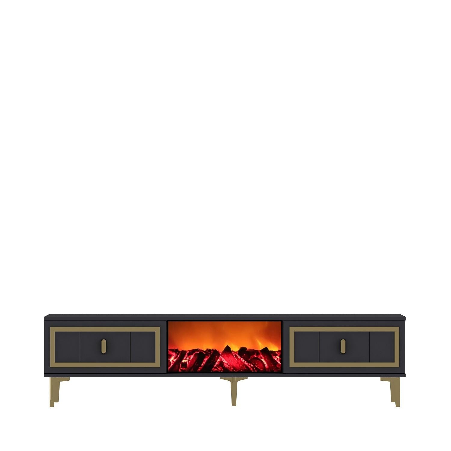 Móvel de TV com Lareira Elétrica – 150cm – Antracite e Ouro – MDF