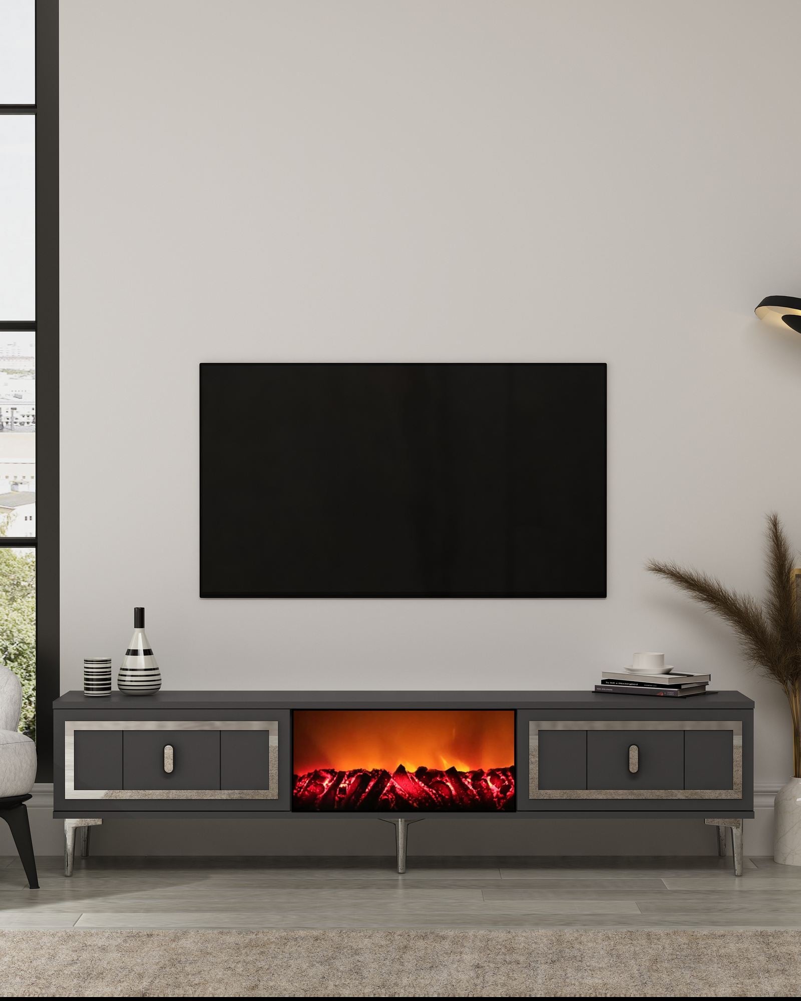 Móvel de TV com Lareira Elétrica – 150 cm x 44,6 cm x 29,6 cm – Antracite e Prata – MDF
