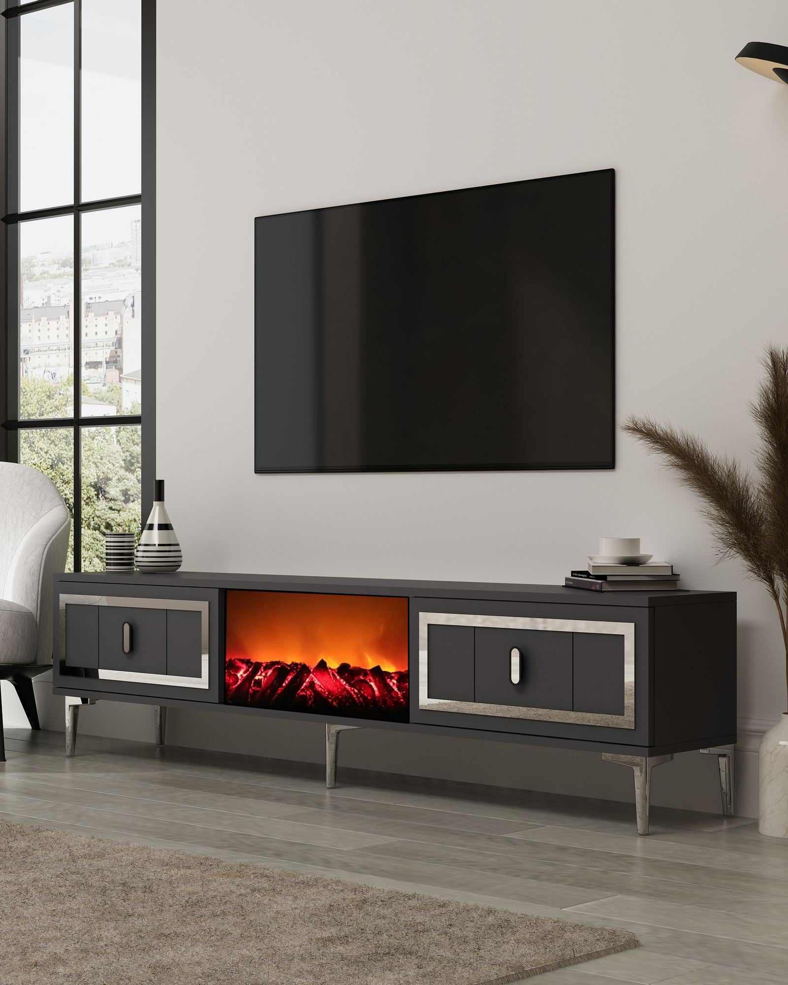 Móvel de TV com Lareira Elétrica – 150 cm x 44,6 cm x 29,6 cm – Antracite e Prata – MDF