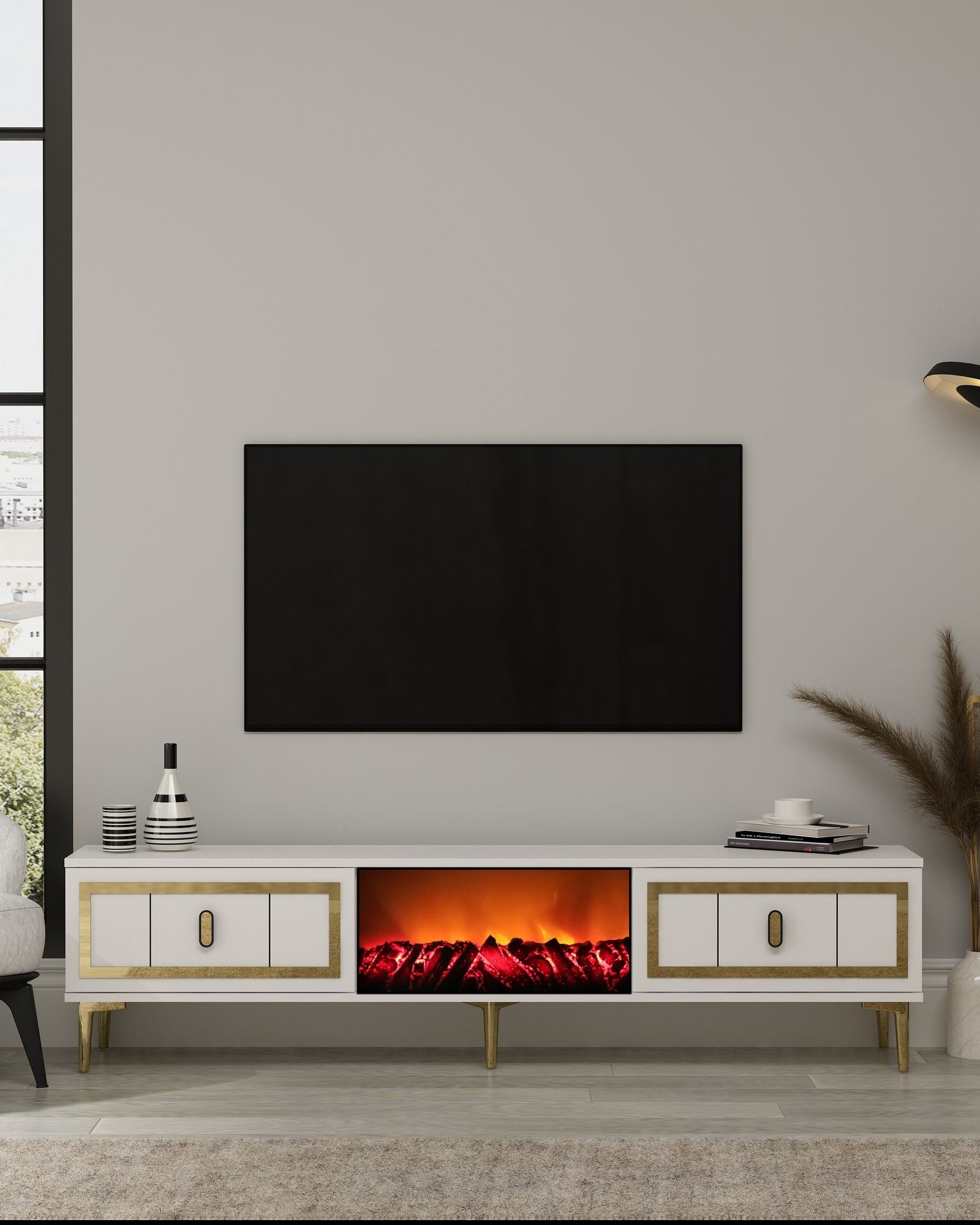 Móvel de TV com Lareira Elétrica – 150 cm x 44,6 cm x 29,6 cm – Branco e Dourado – MDF