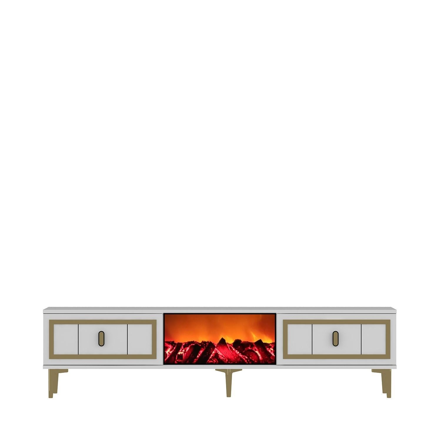 Móvel de TV com Lareira Elétrica – 150 cm x 44,6 cm x 29,6 cm – Branco e Dourado – MDF