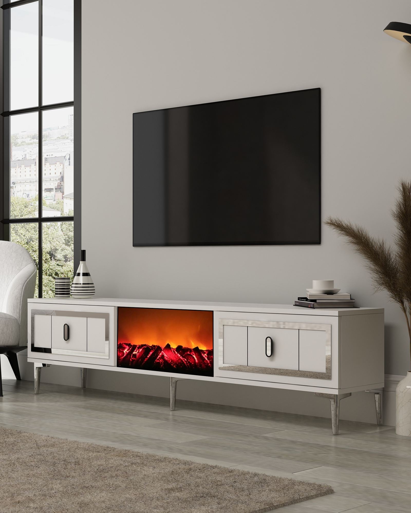 Móvel de TV com Lareira Elétrica – 150 cm x 44,6 cm x 29,6 cm – Branco e Prata – MDF