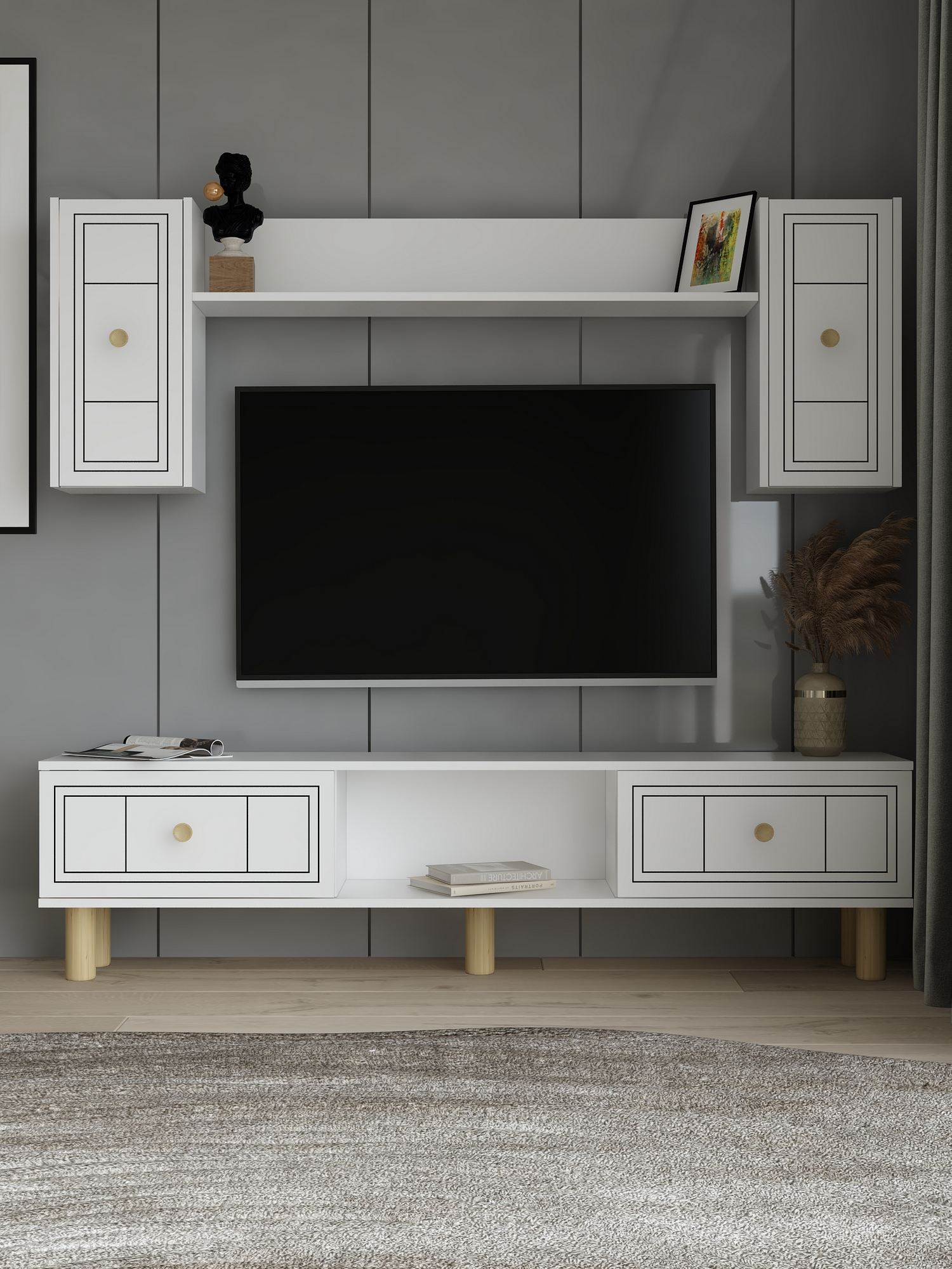 Estante para TV – 150cm x 44,6cm x 29,6cm – Branco – Melamina