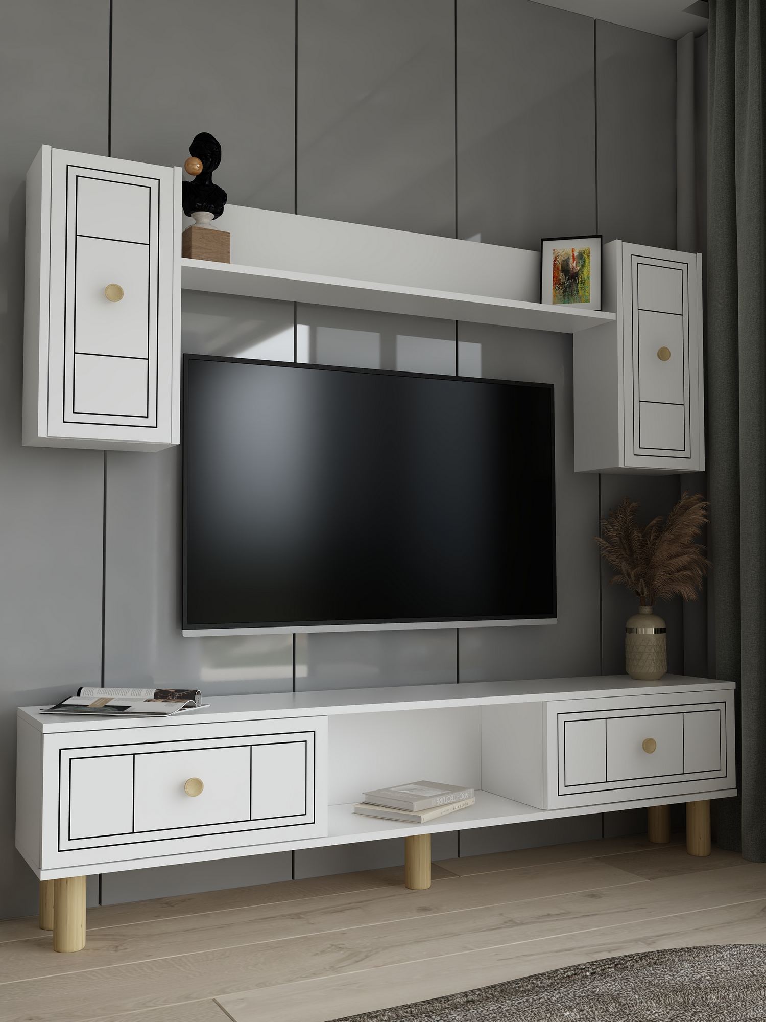 Estante para TV – 150cm x 44,6cm x 29,6cm – Branco – Melamina
