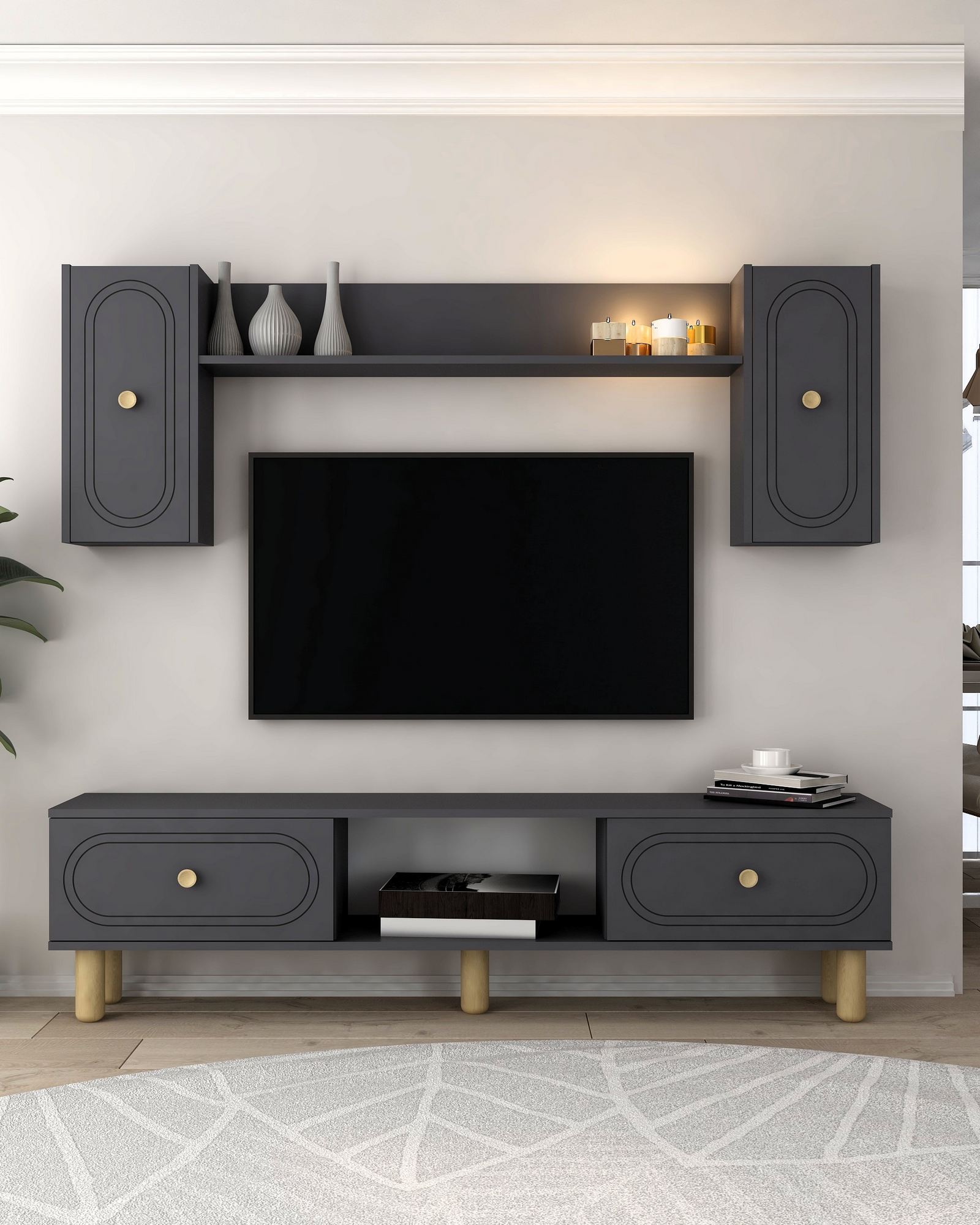 Móvel de TV – 150 cm x 44,6 cm x 29,6 cm – antracite – aglomerado revestido de melamina