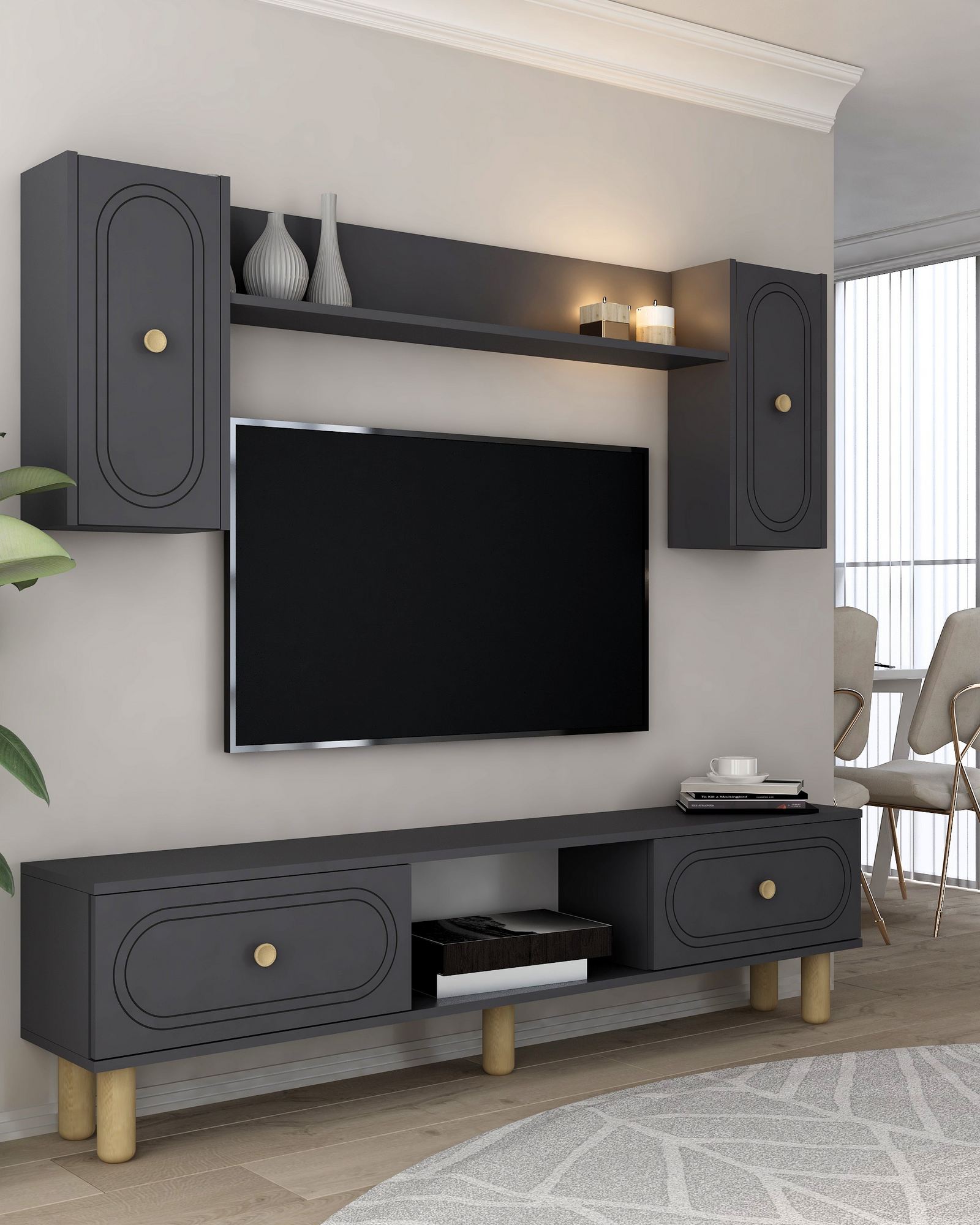 Móvel de TV – 150 cm x 44,6 cm x 29,6 cm – antracite – aglomerado revestido de melamina