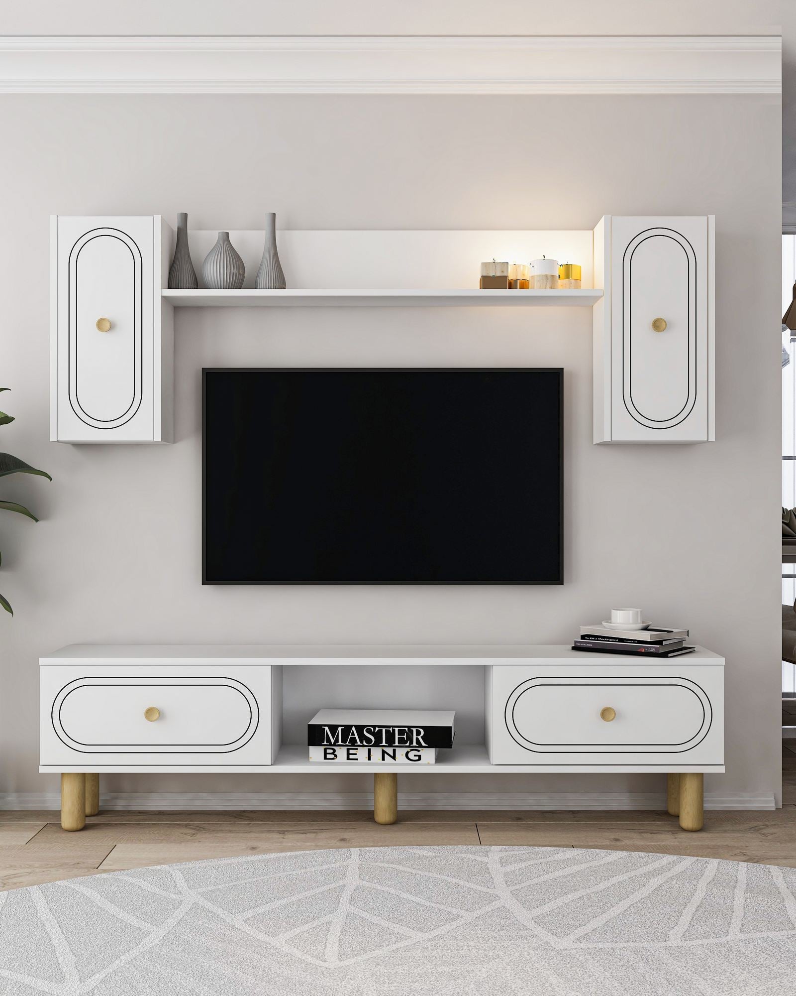 Estante para TV – 150cm x 44,6cm x 29,6cm – Branco – Painel de partículas com melamina