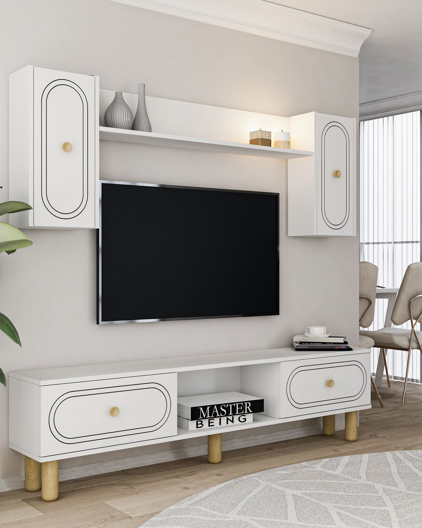 Estante para TV – 150cm x 44,6cm x 29,6cm – Branco – Painel de partículas com melamina