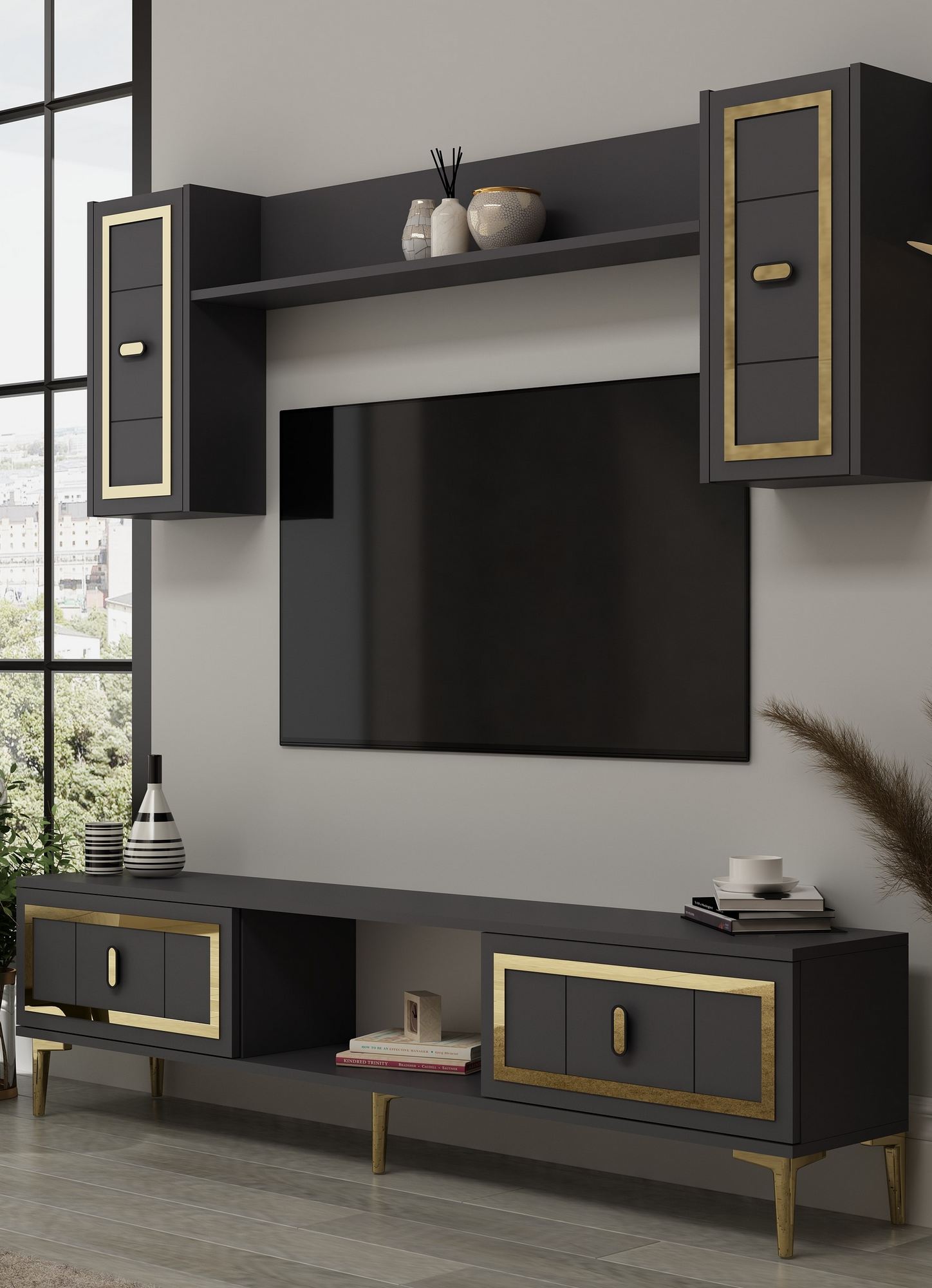 Estante para TV – 150 cm x 44,6 cm x 29,6 cm – Antracite e Dourado – MDF