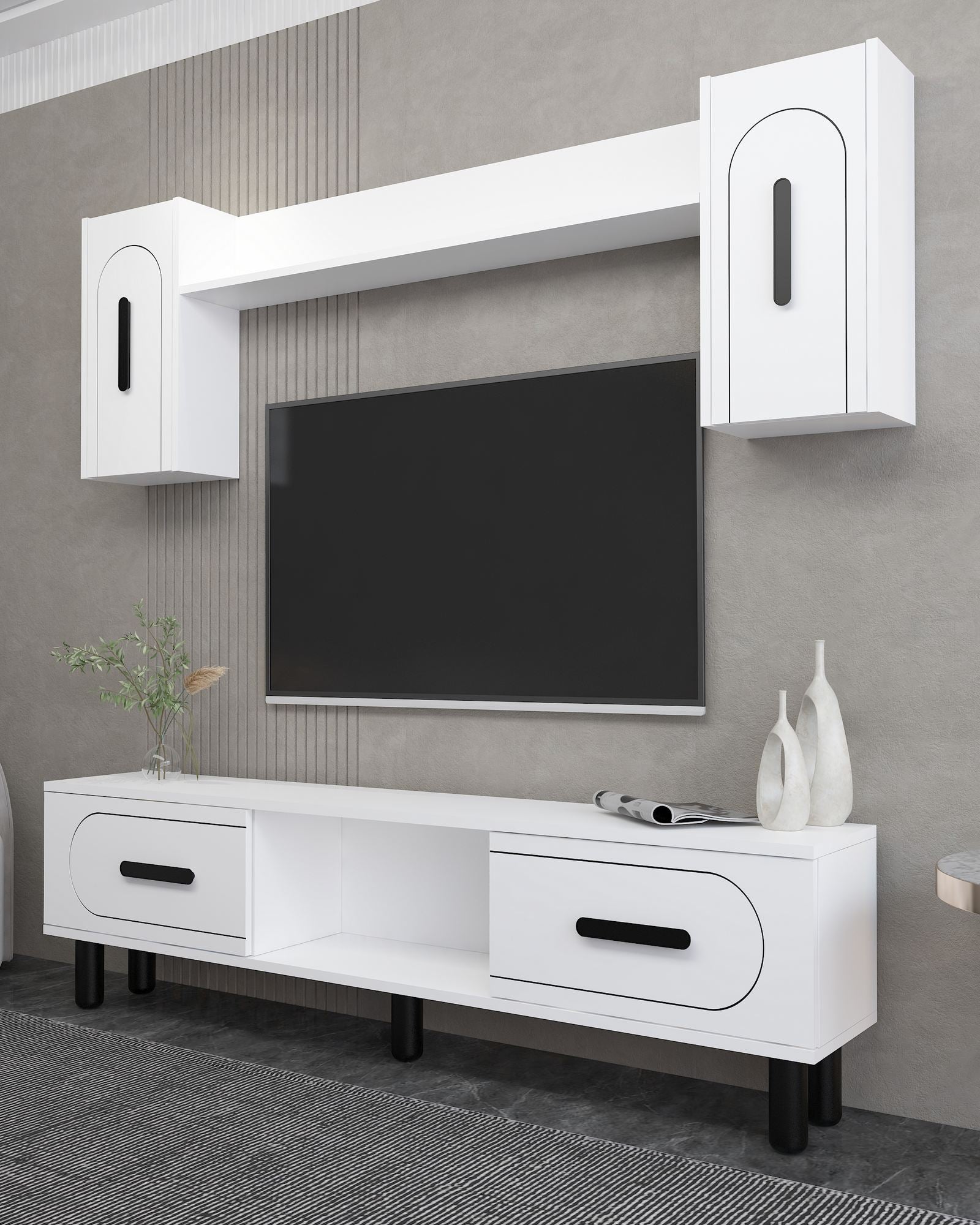 Móvel de TV – 150 cm – Branco e Preto – MDF